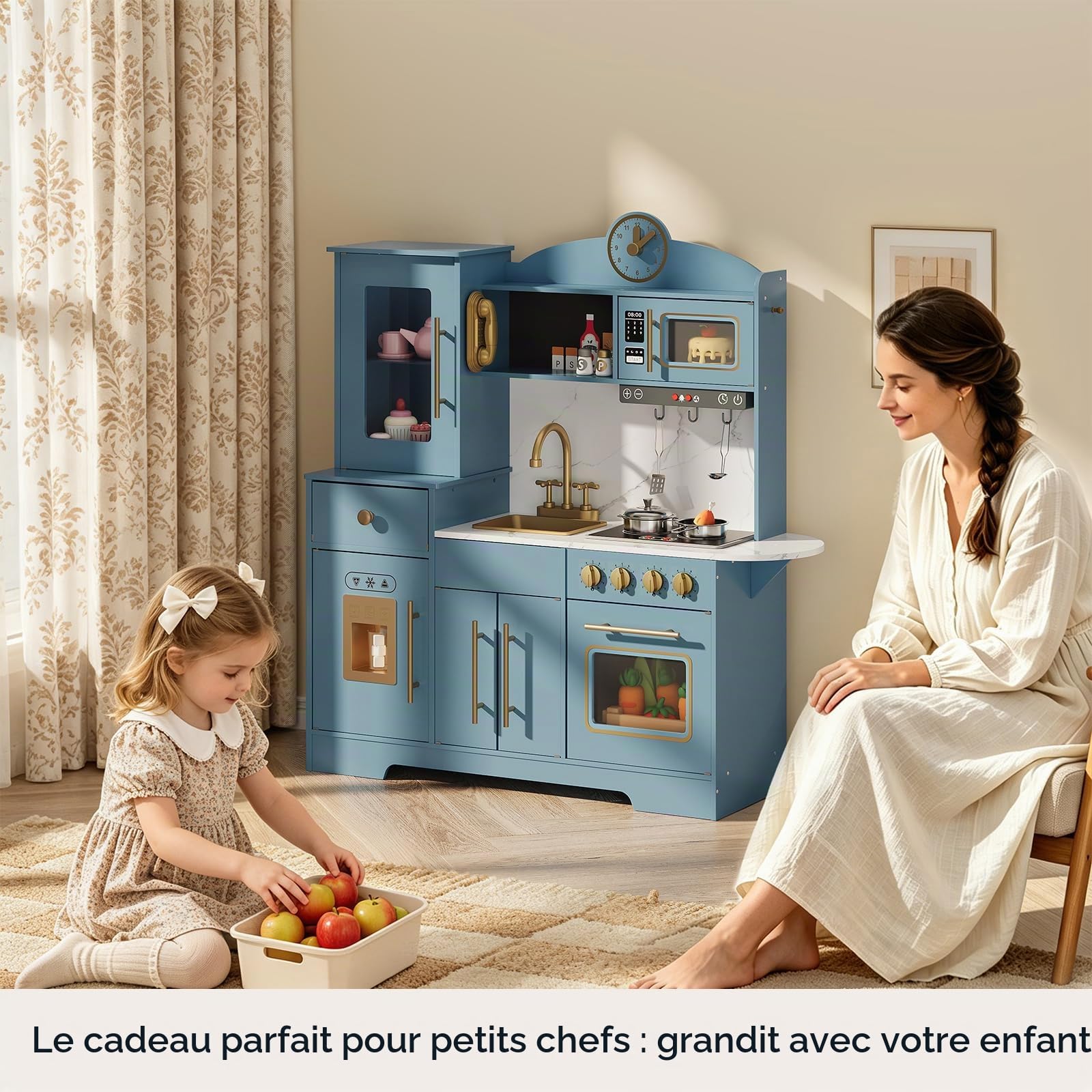 Cuisine en Bois Enfant, Cuisine de Jeu pour Enfants avec Lumières et Sons, Kit de Cuisine pour Enfant avec Cuisinière, Horloge, Évier et Micro-ondes, Jouet de Rôle, Cuisine en Bois Moderne pour Enfant