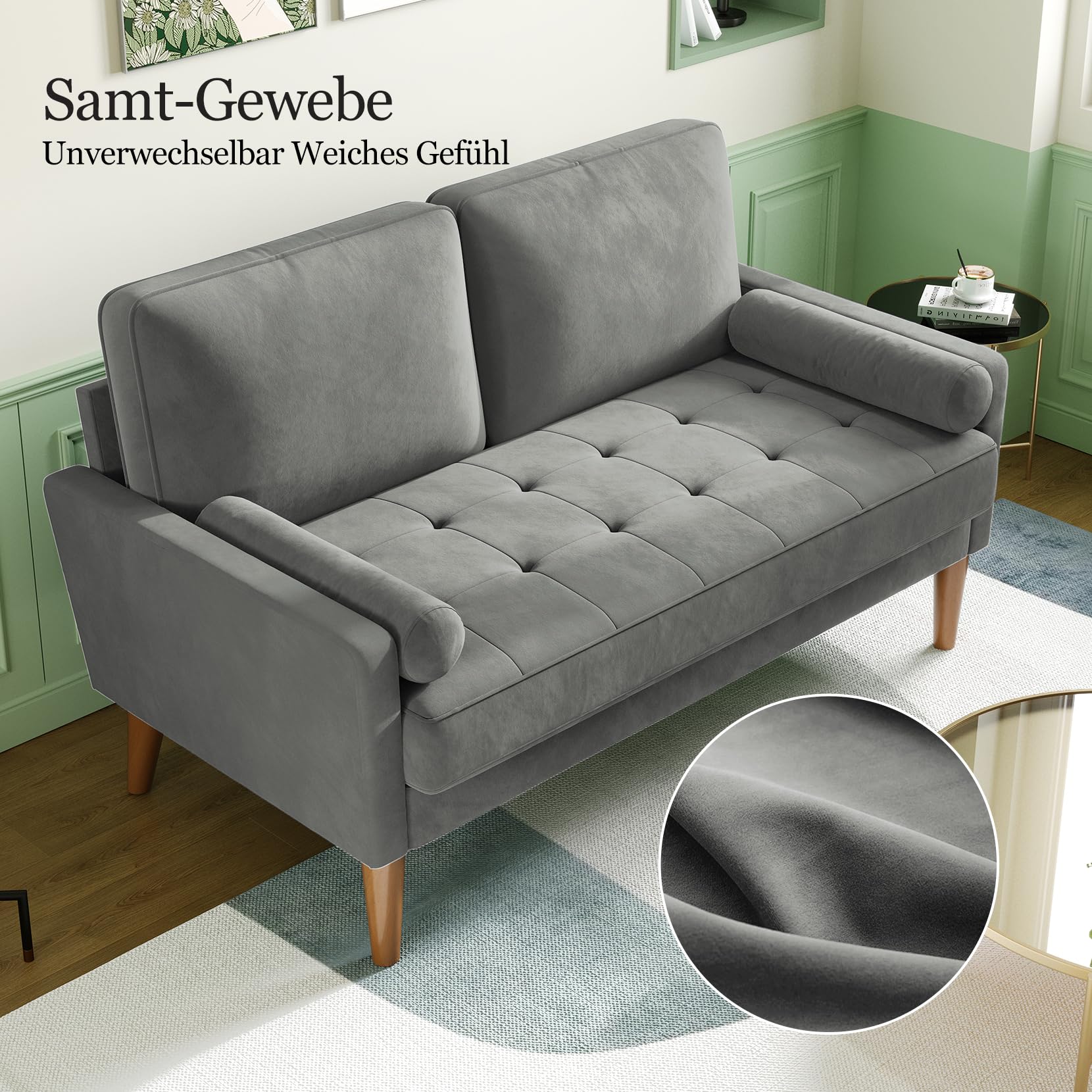 Vesgantti Couch 2 Sitzer, Samt Kleines Sofa mit 2 Wurfkissen, Modern Mini Sofa, Getuftetes Kleine Couch für Wohnzimmer/Schlafzimmer/Büro/Wohnung, 121x 77 x 87cm, Grau