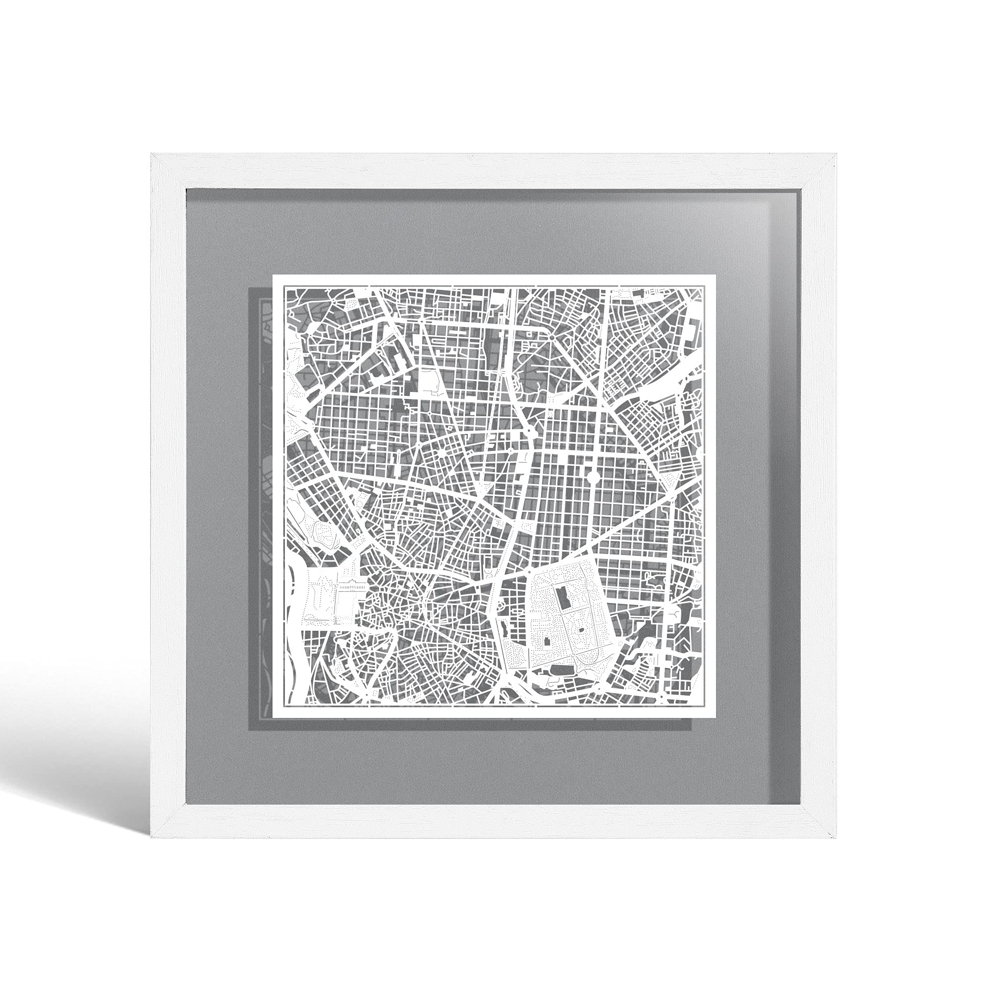 O3 DESIGN STUDIO Madrid Paper Cut Map framed, White map, White frame, 23x23 cm, Gift Boxed, 4 background color, self-changing, Paper Art