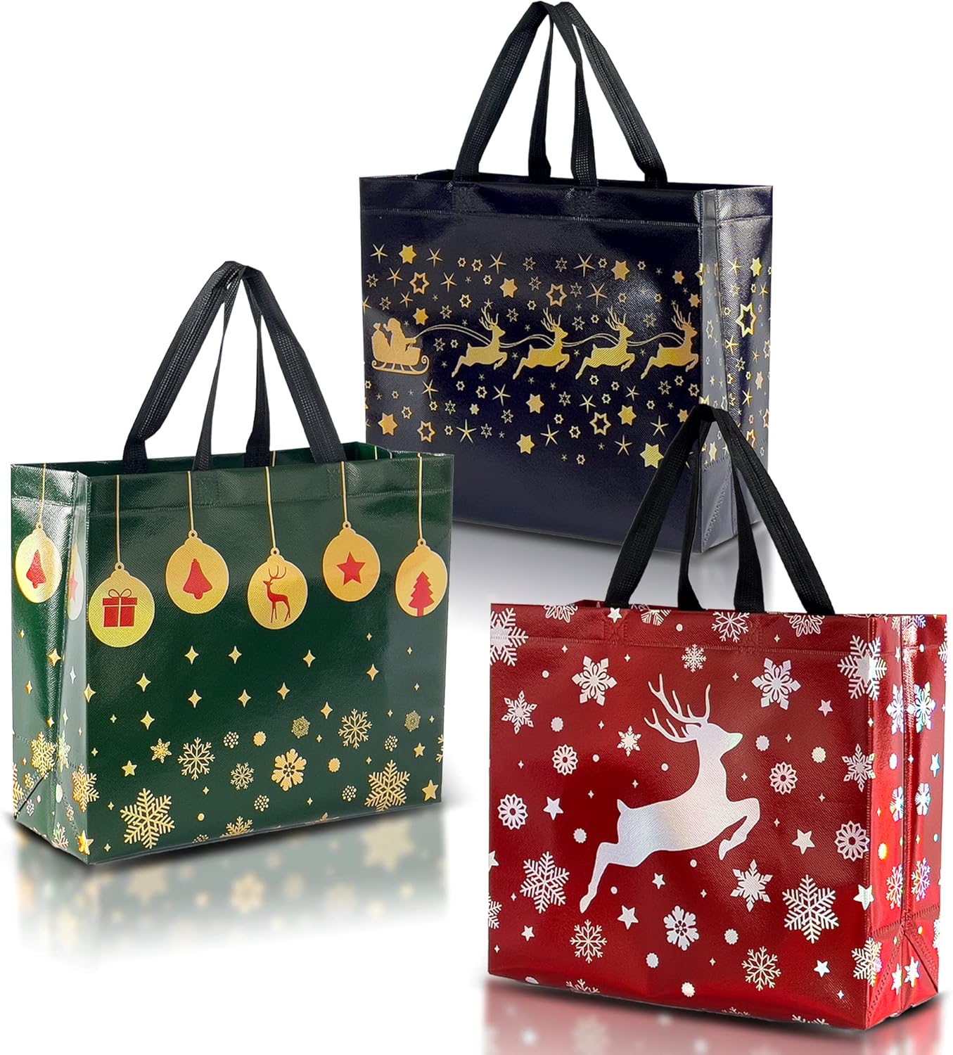 Nush Nush 12 Reusable Large Christmas Gift Bags – Festive Mix Set With 4 Red Bags, 4 Green Bags & 4 Navy Blue Large Gift Bags With Handles - Christmas Bags In Bulk, Party Favor Bags - 13x5x11 Size. Festive Mix - Large Size