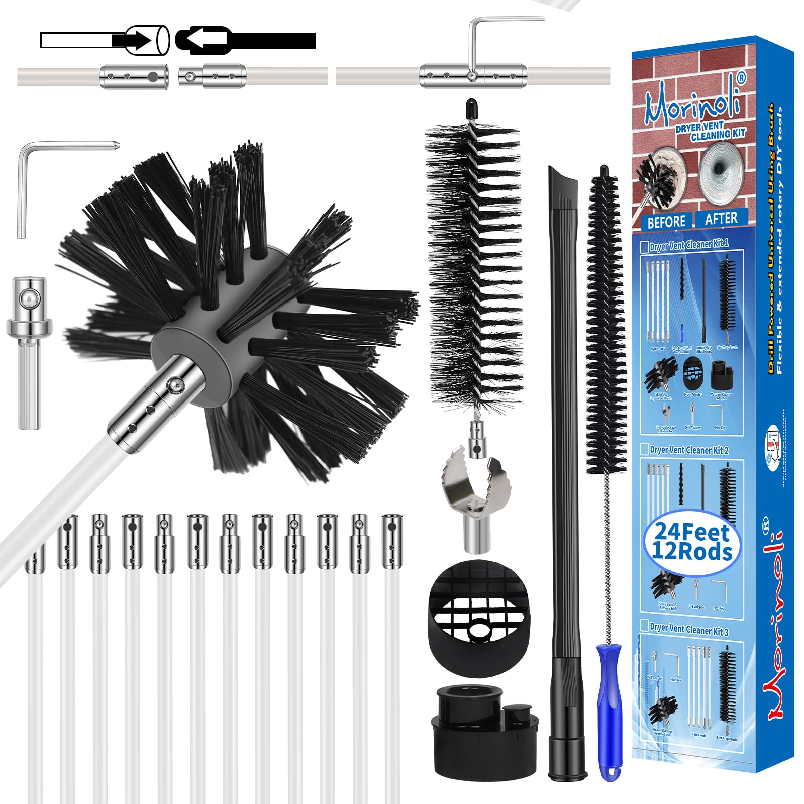 Morinoli 24 Feet Dryer Vent Cleaning Kit Chrome Button Locking System Dryer Vent Cleaning System Dryer Vent Cleaner Kit Vacuum Attachment Dryer Vent Nozzle Hose Attachment Vacuum Adapter Dryer Adapter