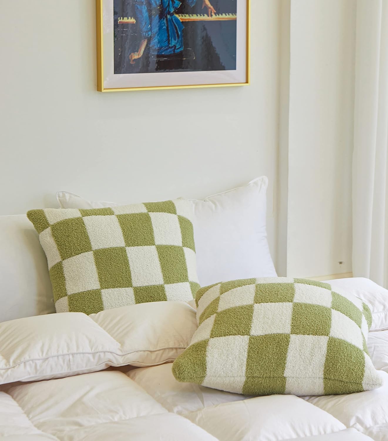 REPRECONF Set of 2 Ultra Soft Cozy Buffalo Checkerboard Fluffy Microfiber Checker Knitted Throw Pillow Cover Fleece Cushion Case Decorative for Sofa Couch Bed 18 inches Both Sides (Matcha)