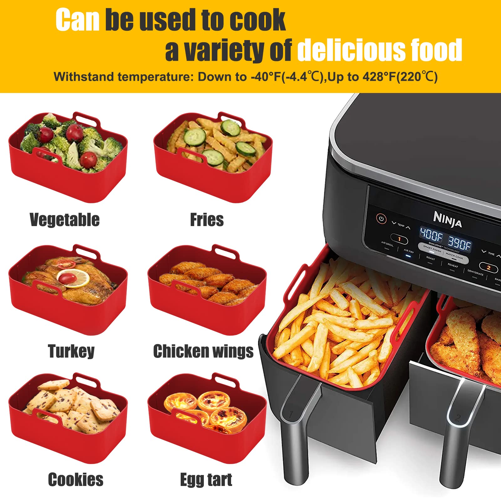 10QT Air Fryer Silikoneinlagen, MMH 2 Stück rechteckige Airfryer Silikontopf Backblech Wiederverwendbarer Ersatzkorb Einsatz für Ninja DZ401/DZ550,Antihaftbeschichtung,lebensmittelecht,rot