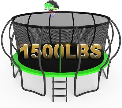 SKYUP 2026 Upgraded 8 10 12 14 15 16FT 1500lbs Tranpoline for Kids and Adults, Recreational Tranpoline with Basketball Hoop, ASTM Approved Tranpoline for 7-10 Kids with Net, Ladder, Wind Stakes, Mat