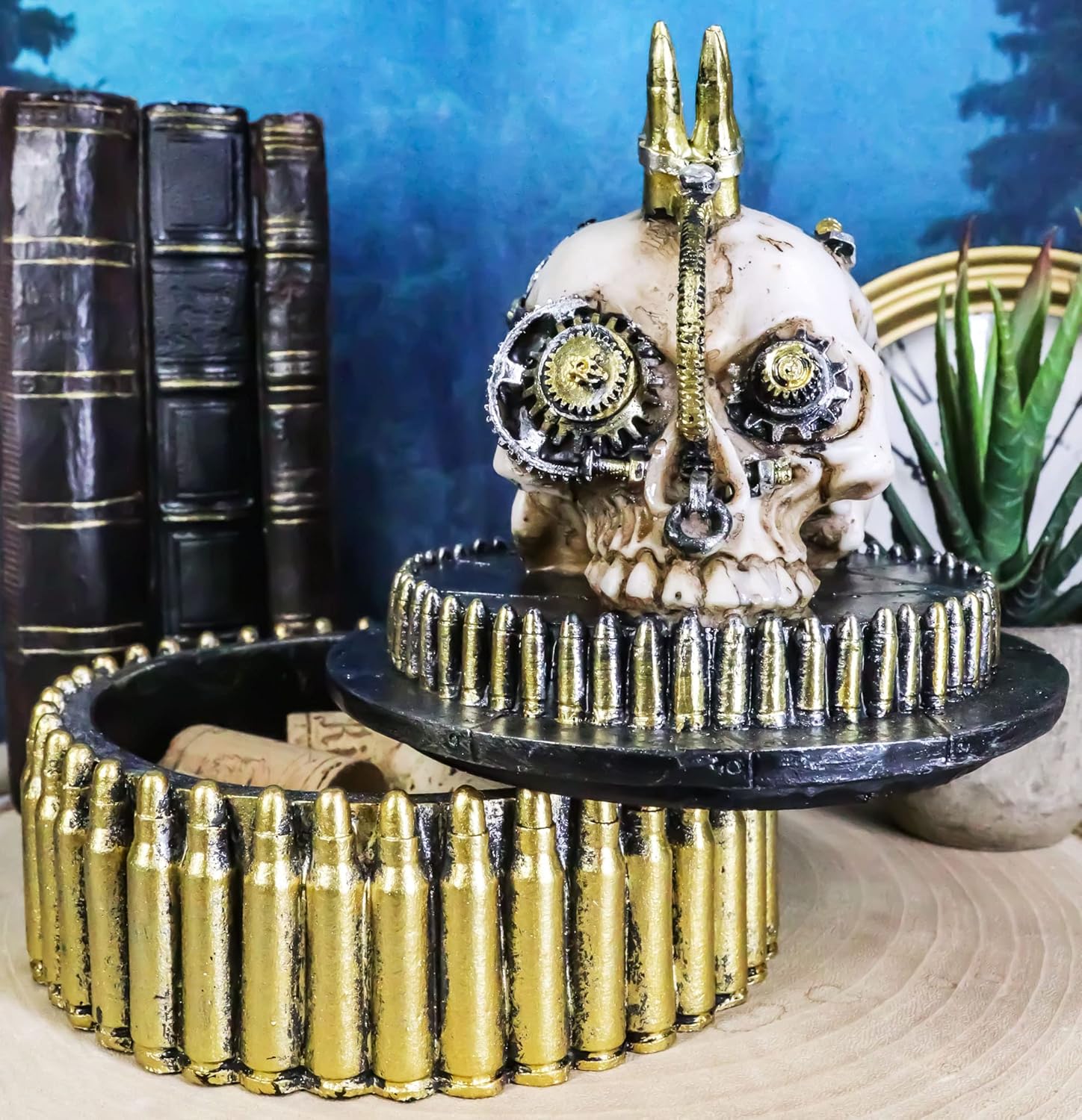 Ebros Gift Steampunk Cyborg Steam Cerebrum Gearwork Rifle Shell Bullets Mohawk War Dog Geared Skull Decorative Stash Jewelry Box Figurine Victorian Sci Fi Skulls Ossuary Oddity Decor
