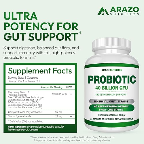 Miniatura 2 de Arazo Nutrition Probiótico de 40 mil millones de UFC, estable con prebióticos y acidófilos, potencia estable hasta la caducidad, probióticos de