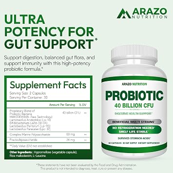 Arazo Nutrition Probiotic 40 Billion CFU Per Serving - Shelf Stable with Prebiotics and Acidophilus - Stable Potency Until Expiration Time Delay Release Probiotics