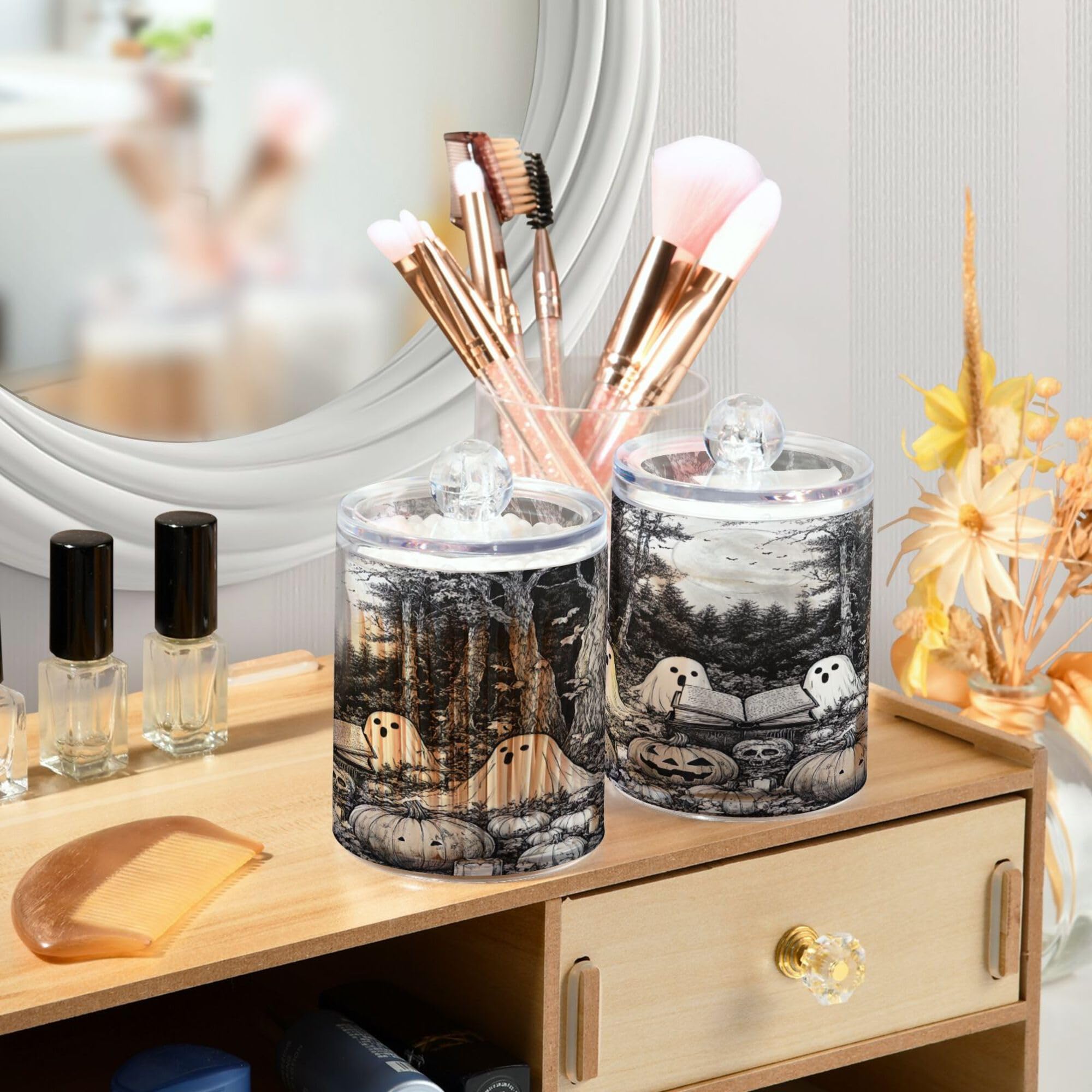 xigua 4 Pack Ghosts Qtip Holder Dispenser with Lids 14 oz Bathroom Storage Organizer Set,Clear Apothecary Jars Food Storage Containers for Tea,Coffee,Cotton Ball,Cotton Swab,Floss