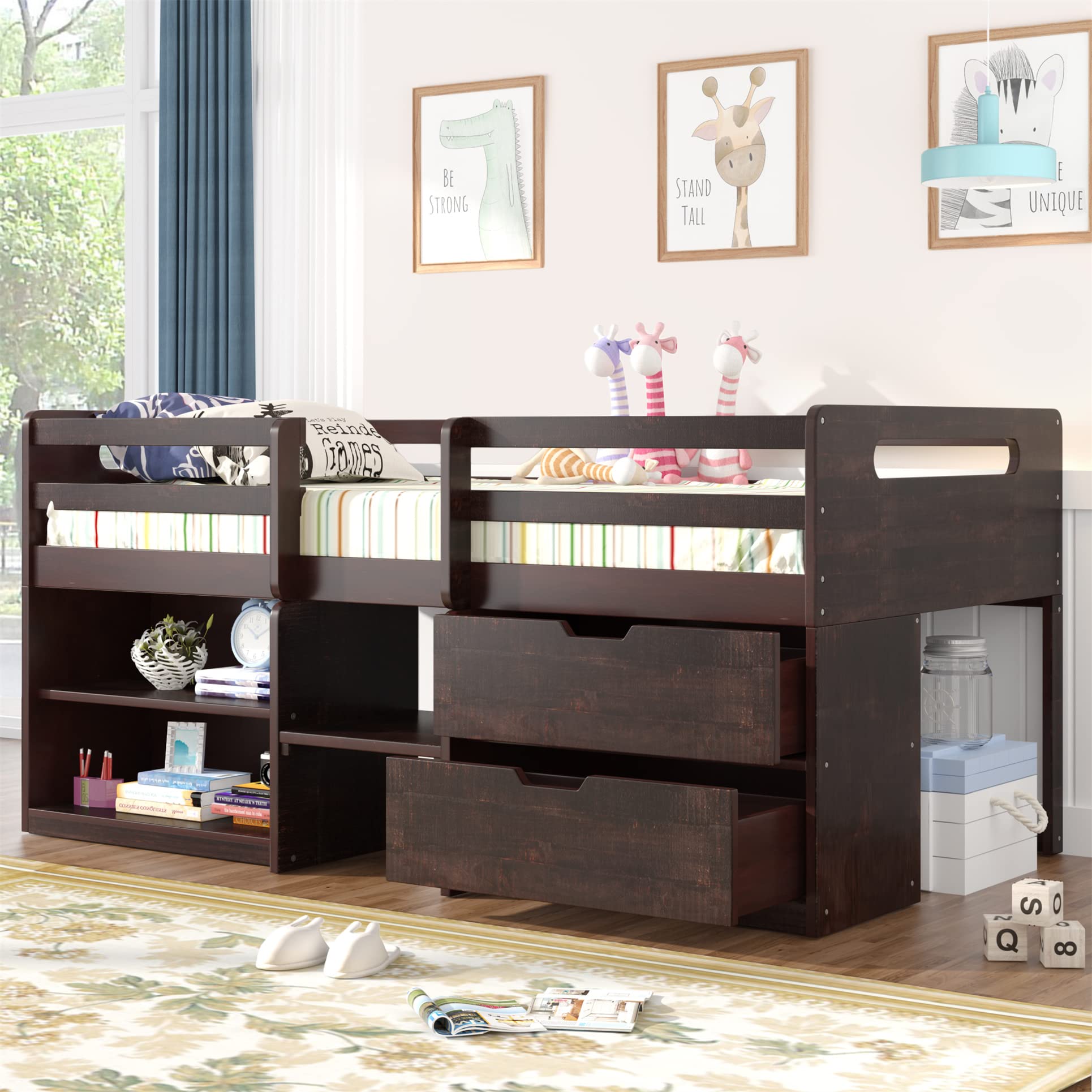 Amazon.com: Harper & Bright Designs Twin Loft Bed with Storage Drawers,  Kids Loft Bed with Two Shelves and Two Drawers, No Box Spring Required,  Wooden Low Loft Bed for Kids Teens (Antique