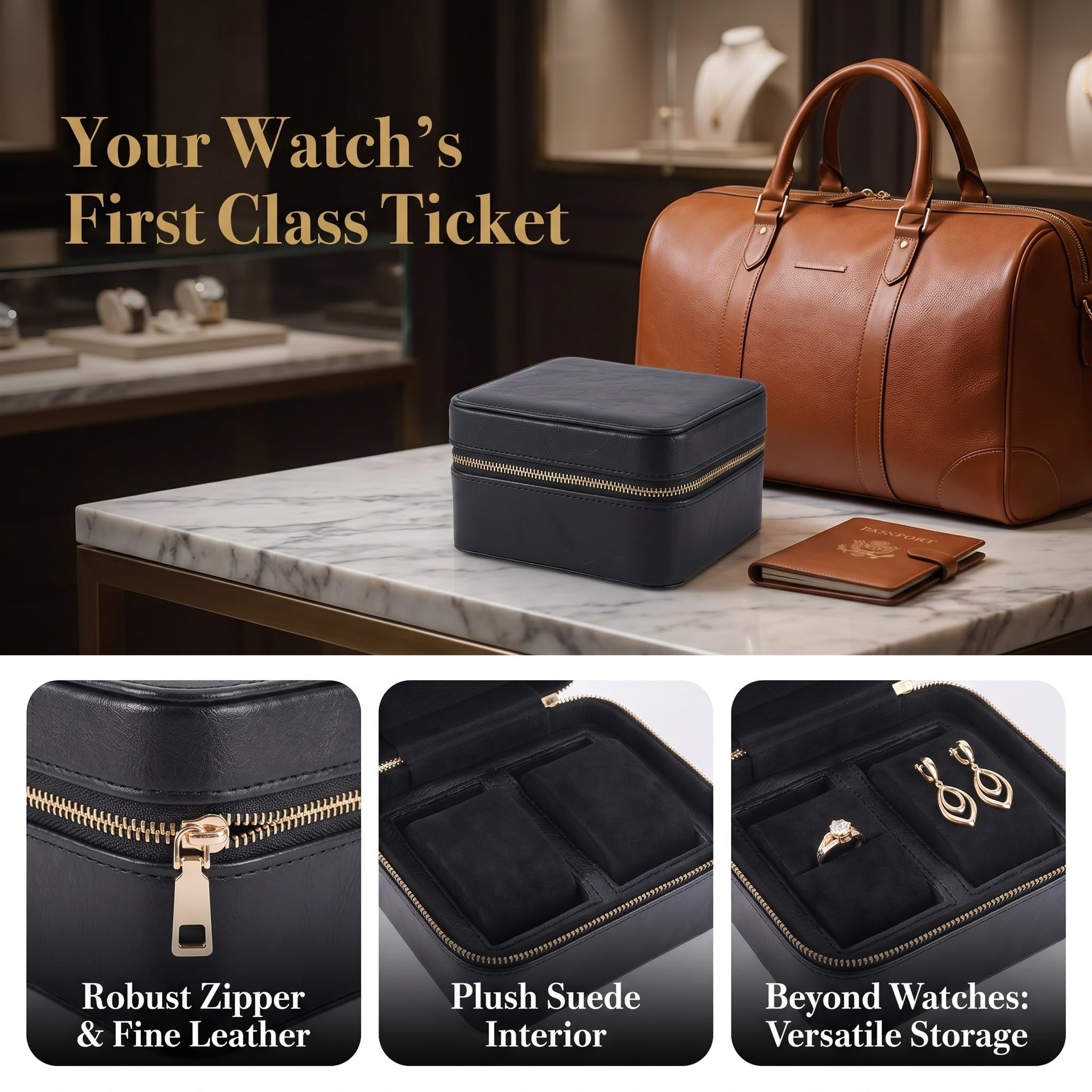 Fundas organizadoras de relojes de viaje, piel sintética compacta con cremallera, interior de microgamuza suave, paquete de 2 para hombres y mujeres, ideal para guardar relojes de pulsera en viajes