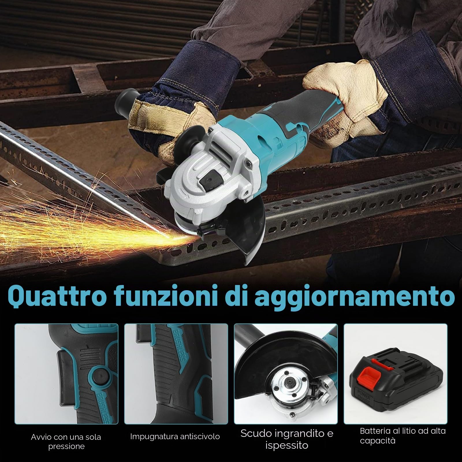 Smerigliatrice angolare senza fili compatibile con batteria Makita 18 V, 100/125 mm 12000 RPM smerigliatrice angolare a batteria con motore brushless e coperchio del disco levigante (125MM)