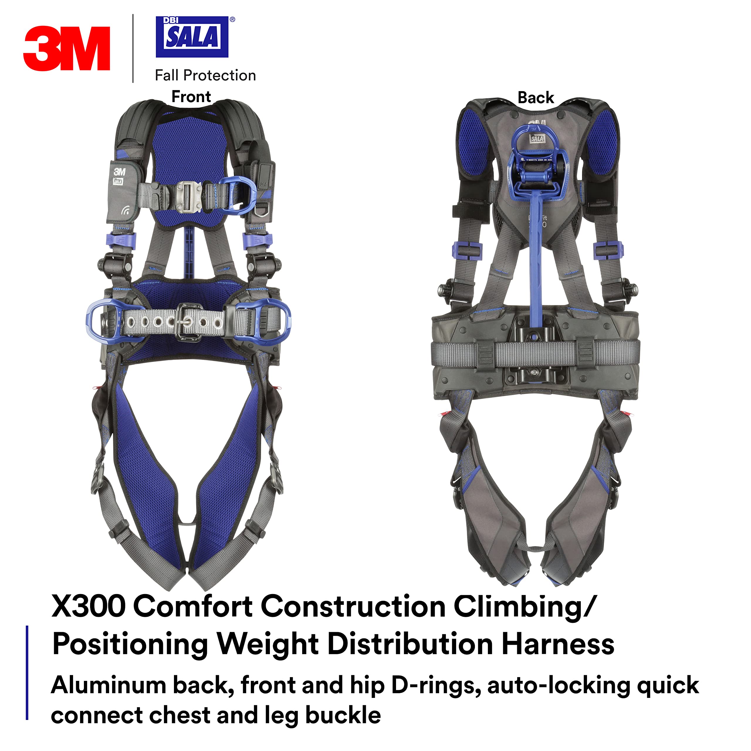 3M DBI-SALA Construction Weight Distribution Climbing/Positioning Safety Harness, Fall Protection, OSHA, ANSI, Back, Front and Hip D-Rings, Dorsal D-Ring, Auto-Lock Quick-Connect Leg Buckle, Large