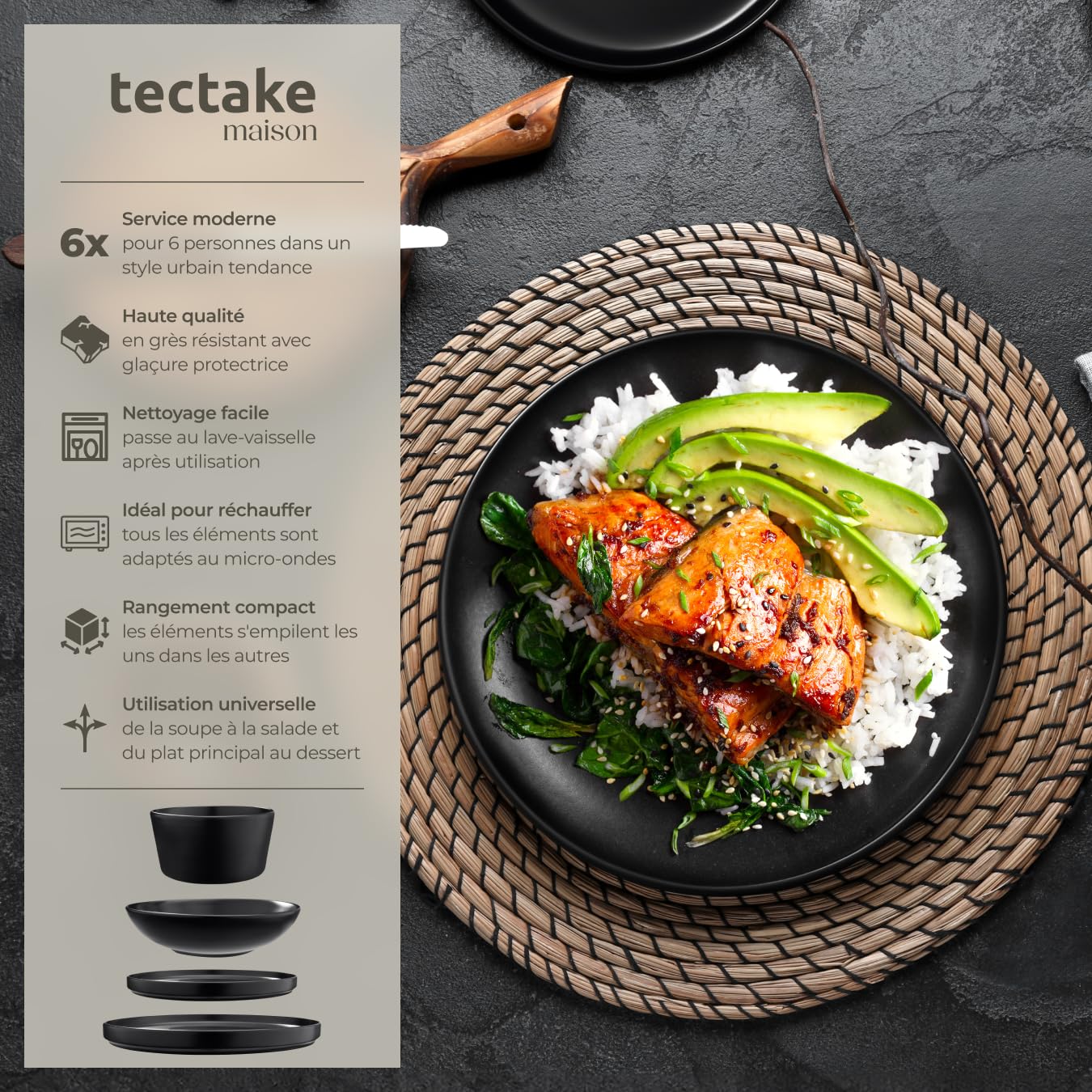 tectake® Service de table 6 personnes Service vaisselle et arts de la table 24p. avec 6x Assiettes creuses 6x assiettes plates 6x assiette à dessert 6x bols petit déjeuner Coupelle soupe Lot assiette