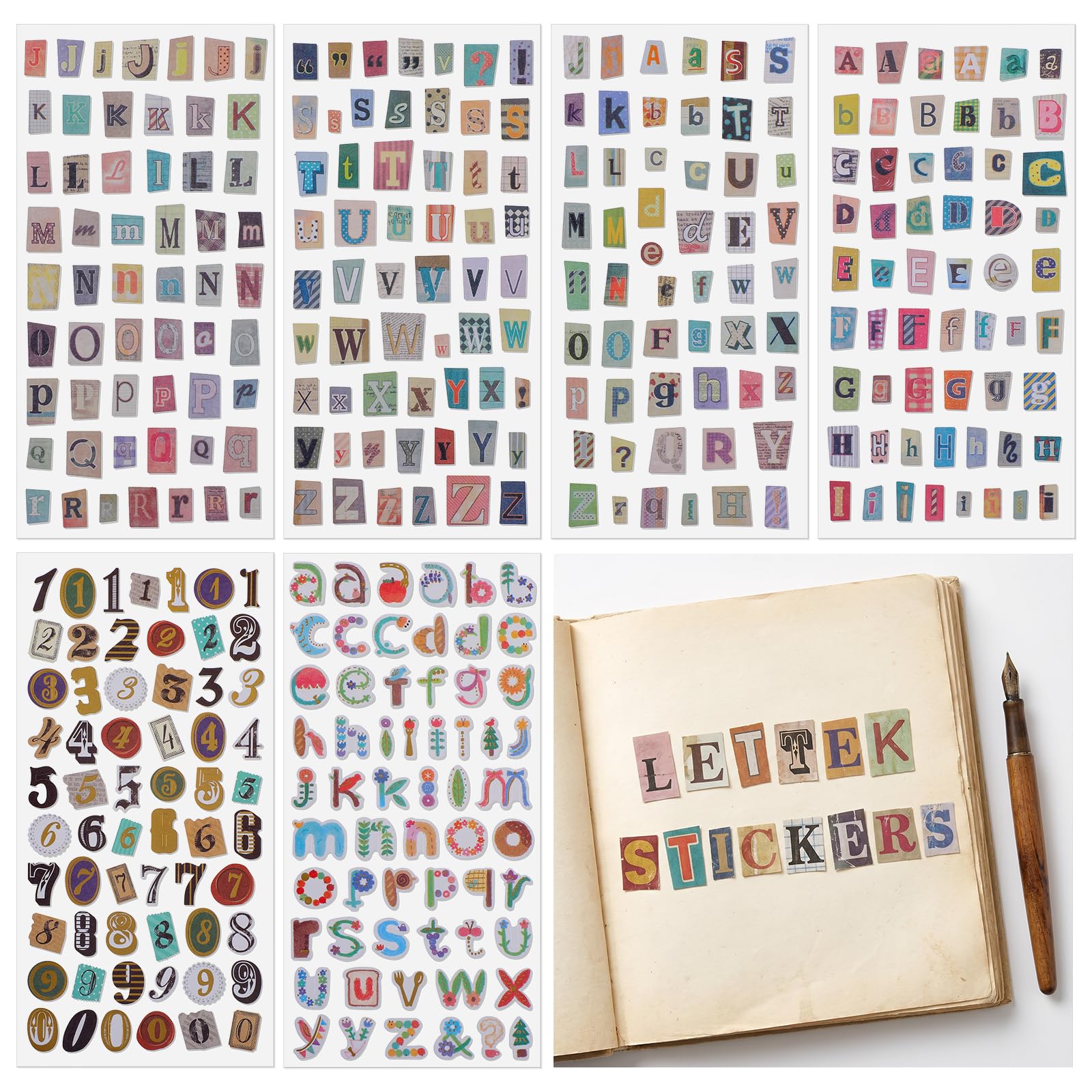 Ouligay 1388 PCS Vintage Scrapbook Letter Stickers 24 Sheets Graffiti Scrapbook Letters Cute Self Adhesive Small Alphabet and Number Stickers for Junk Journal DIY Art Album Paper Crafts