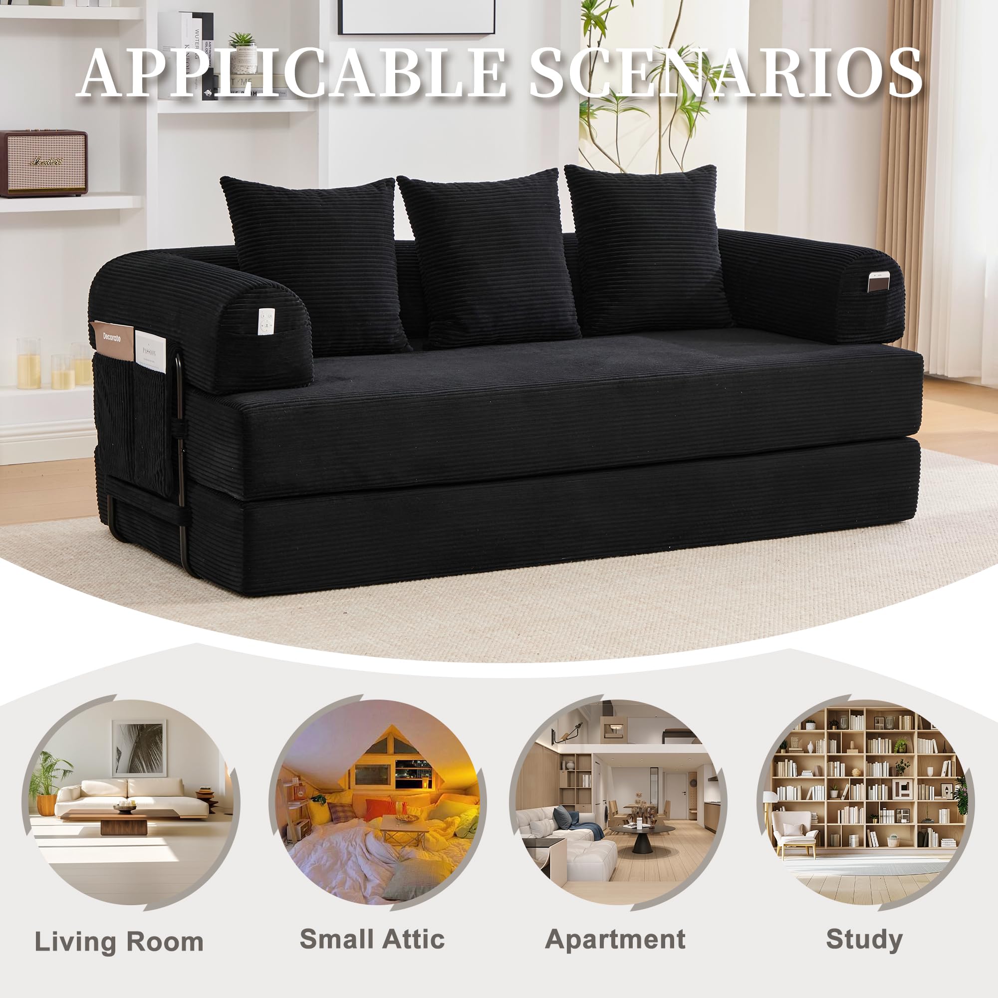 Sofa Cama Plegable Modular 3 Plazas de 200 cm, Sofá Cama con 3 Cojines y Estructura Metálica, Sofa 3 Plazas con Bolsillo Lateral, Sofás Comprimidos Boneless Couch, Pana, 200x94x67 cm, Negro