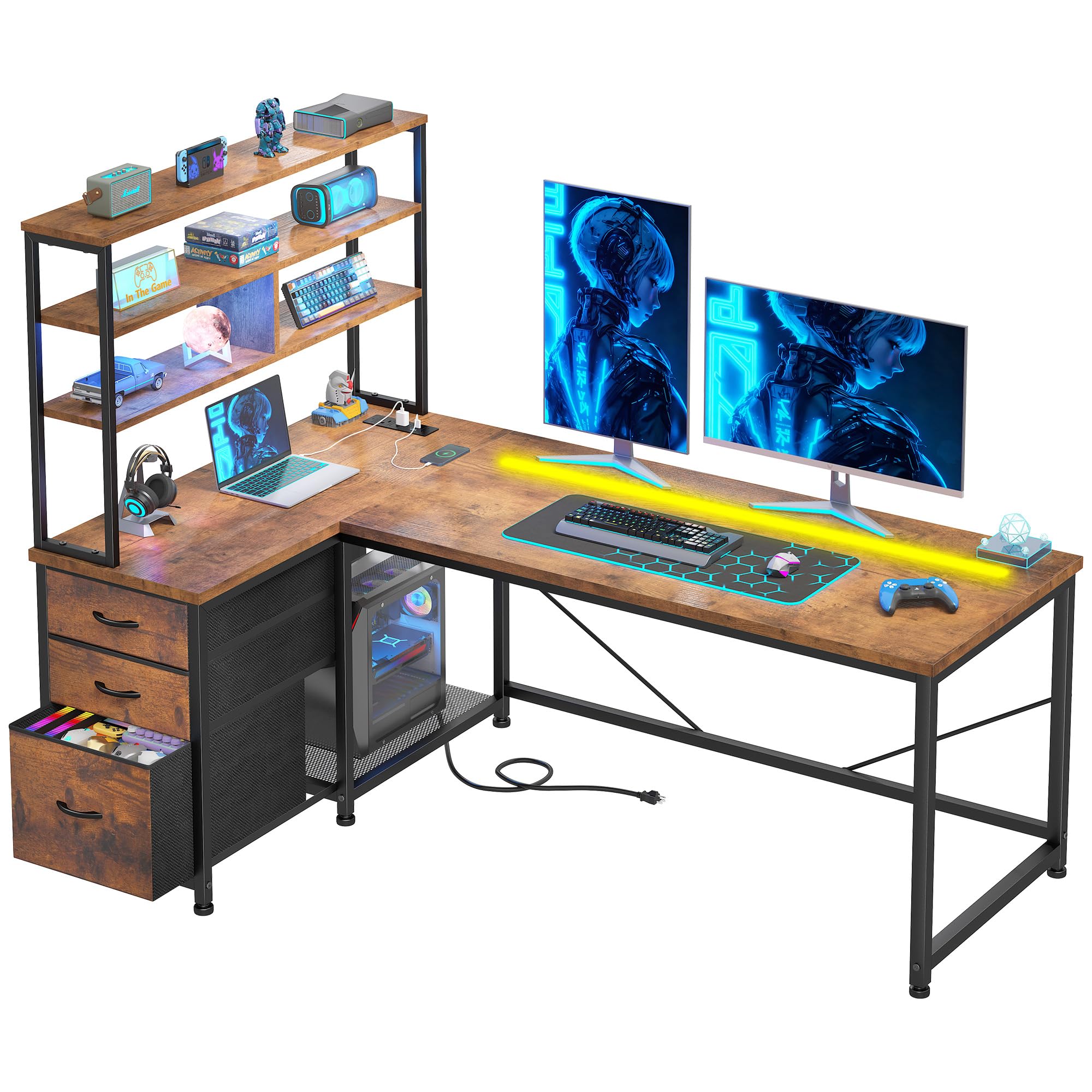 Cliporix 140cm Large L Shaped Computer Desk, Sturdy Gaming Desk with LED Lights & Power Outlet, Reversible Corner Computer Table with Desktop Shelf, Storage Drawers, CPU Stand for Students, Brown