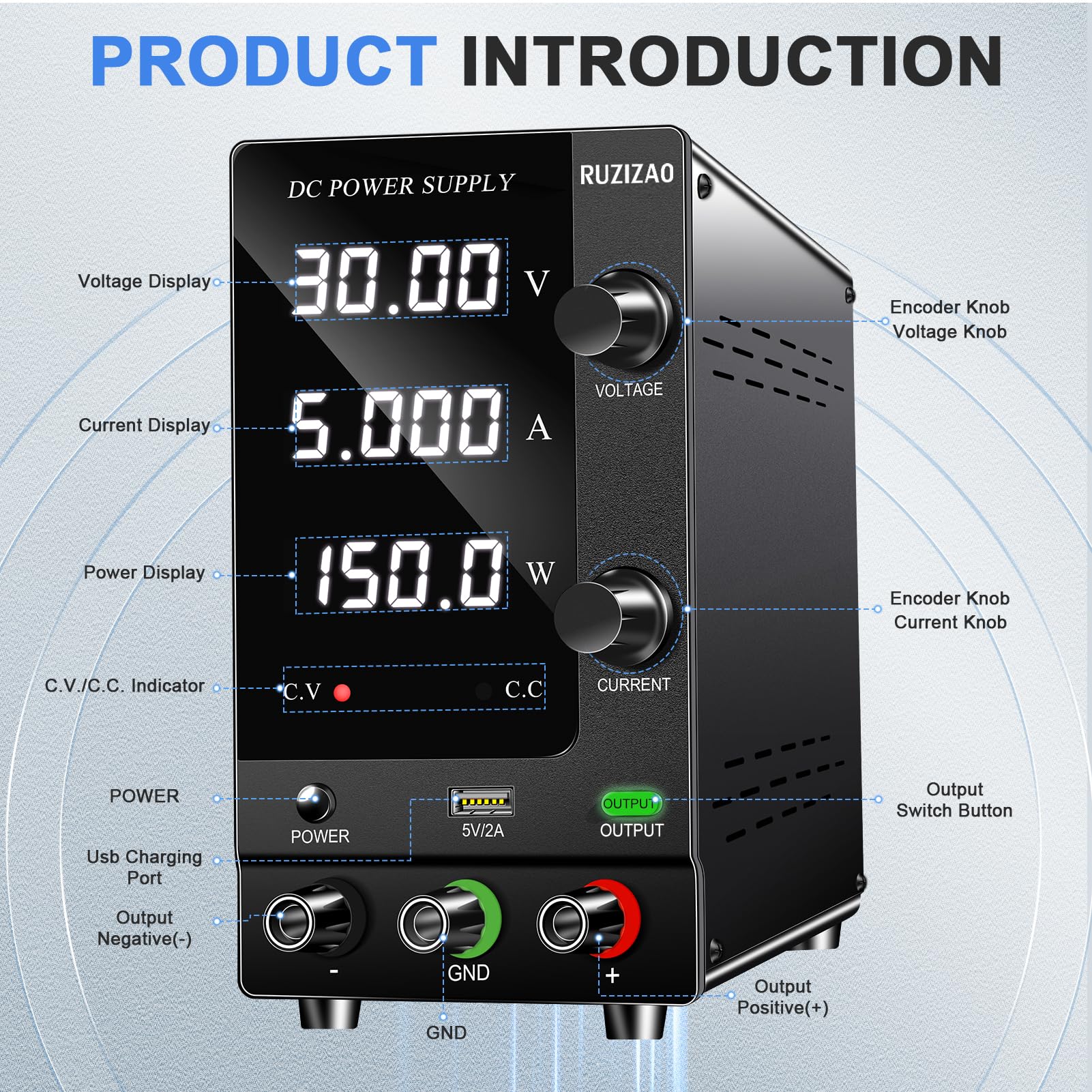 Alimentation Laboratoire 30V 5A, Alimentation Stabilisée Réglable avec Interrupteur de Sortie/Encodeur, Alimentation de Laboratoire avec Affichage LED à 4 Chiffres et Port de Charge USB 5V/2A
