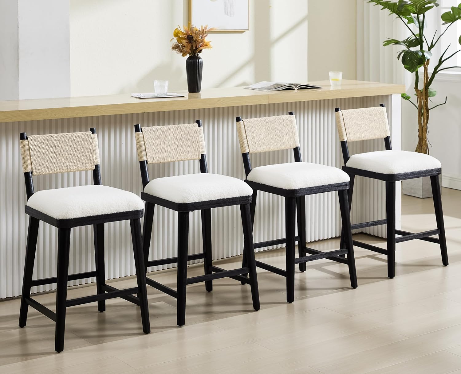 EALSON Rattan Modern Farmhouse Bar Stools Set of 4 Wooden Barstools with Woven Rope Backs 26 Inch Counter Stool Boucle Upholstered Breakfast Bar Chairs for Kitchen Island, Black and White