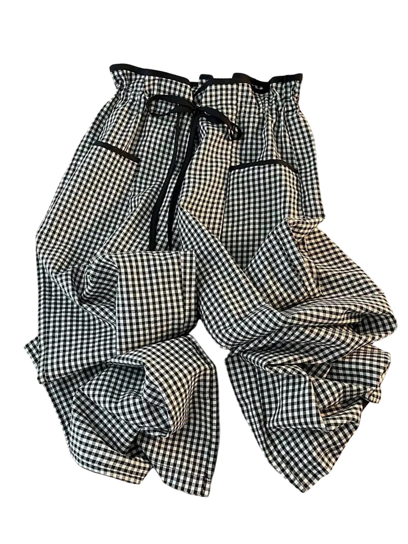 SweatyRocks Womens Gingham Plaid Loose Pants Drawstring High Waist Long Trousers with Pocket