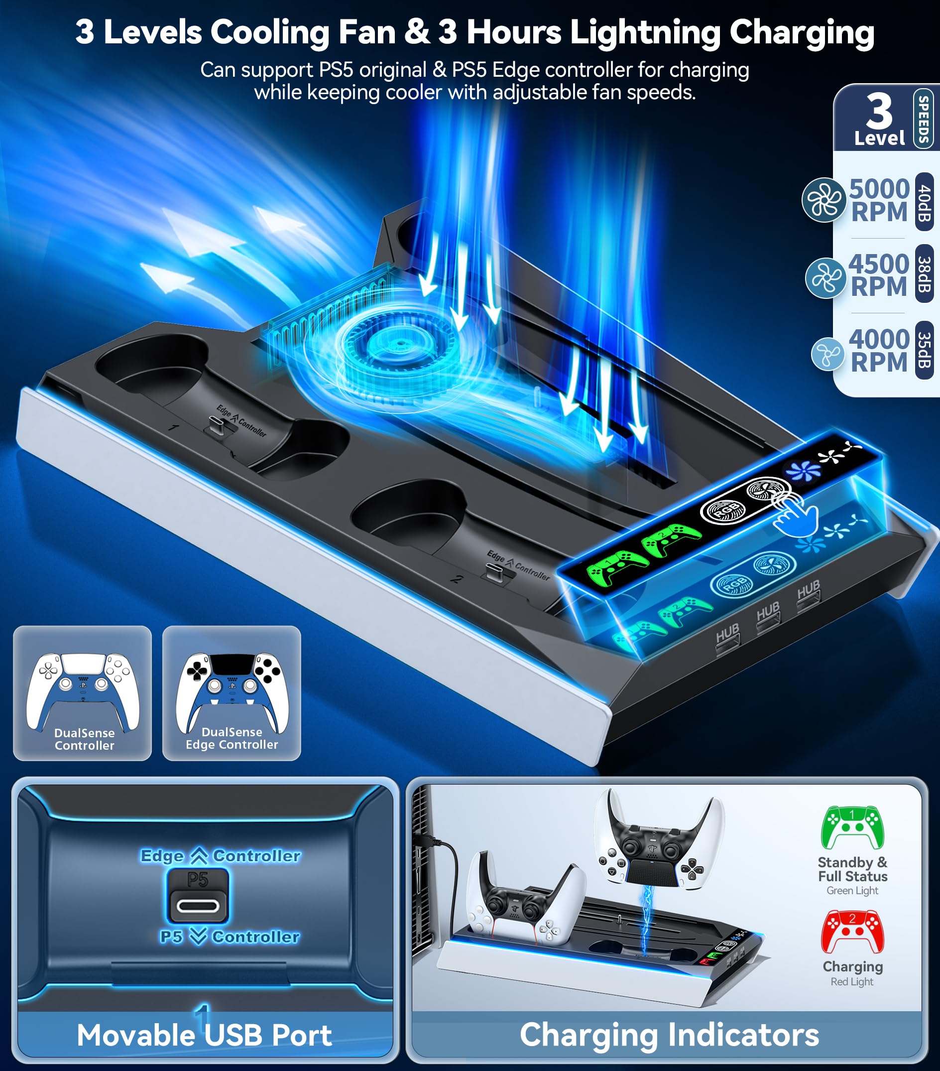 Tokluck Support Mural PS5 - Station de Refroidissement pour PS5 Slim/Original Disc & Digital, Ventilateur à 3 Niveaux, Accessoires pour Chargeur Manette