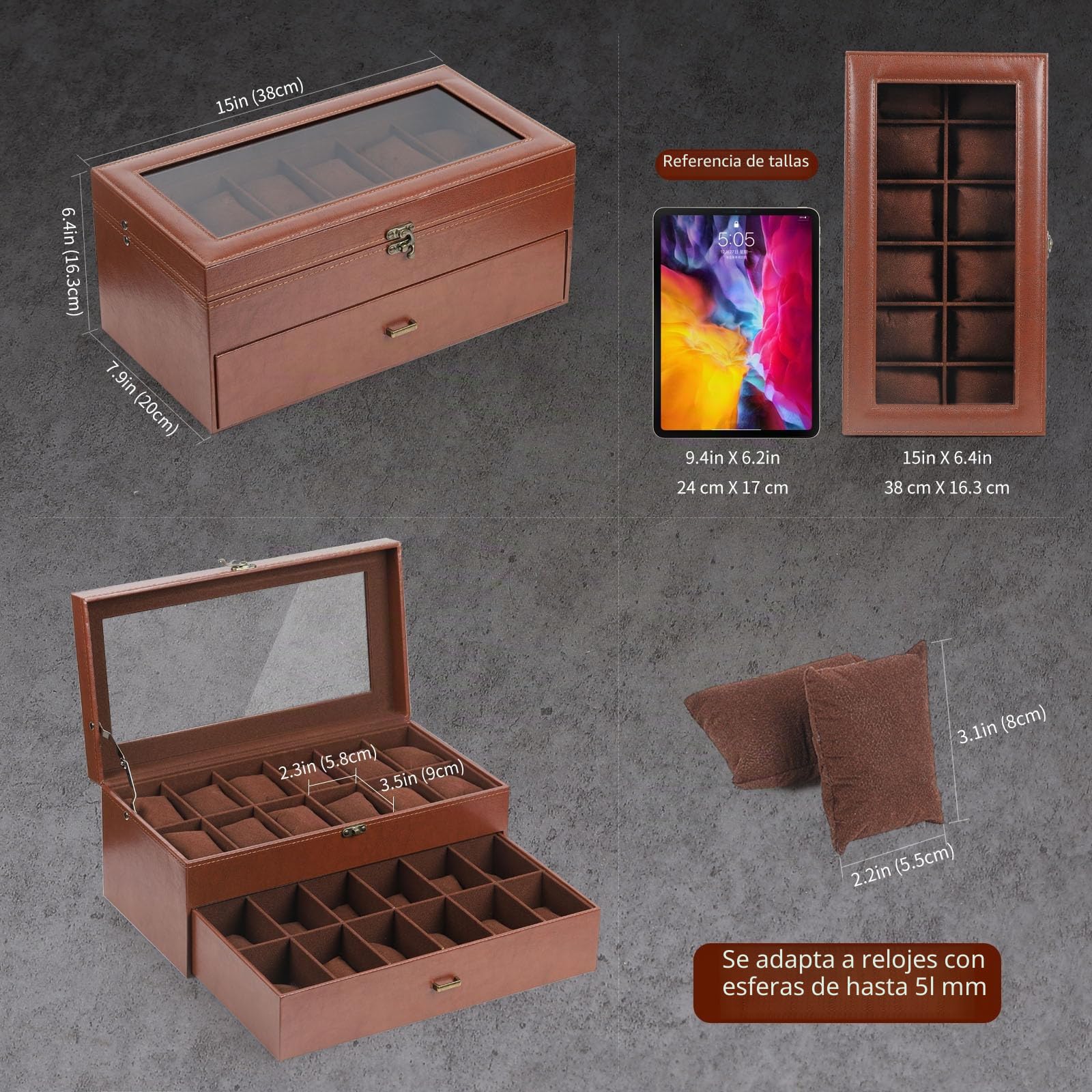 AUTOARK Caja organizadora de piel y terciopelo con 24 compartimentos para relojes, joyero con tapa de vidrio, cajón con cerradura, cojines extraíbles para relojes, color café, MKAW033
