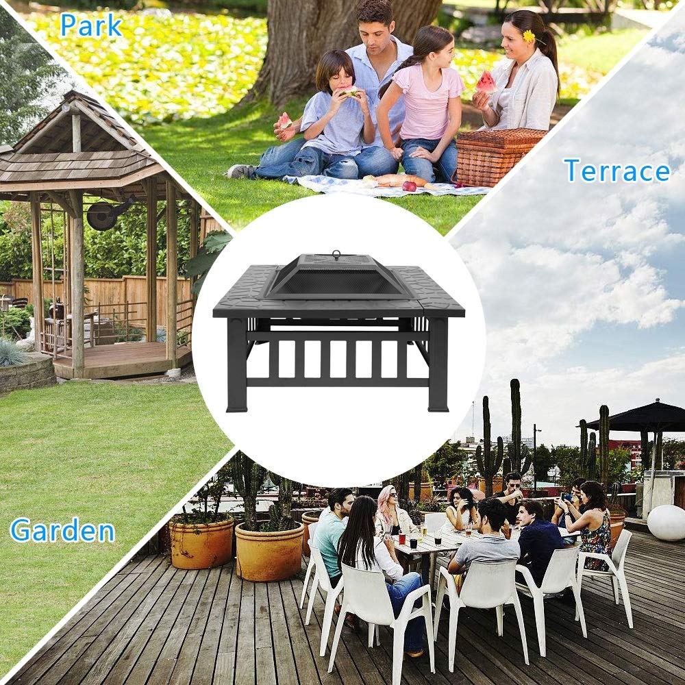 Braciere da Esterno Portatile in Metallo da 32 Pollici, Tavolo Quadrato per Barbecue, Stufa da Giardino nel Patio sul Cortile, Camino a Legna, Adatto per Il Patio Esterno del Giardino. Bellezza Mode