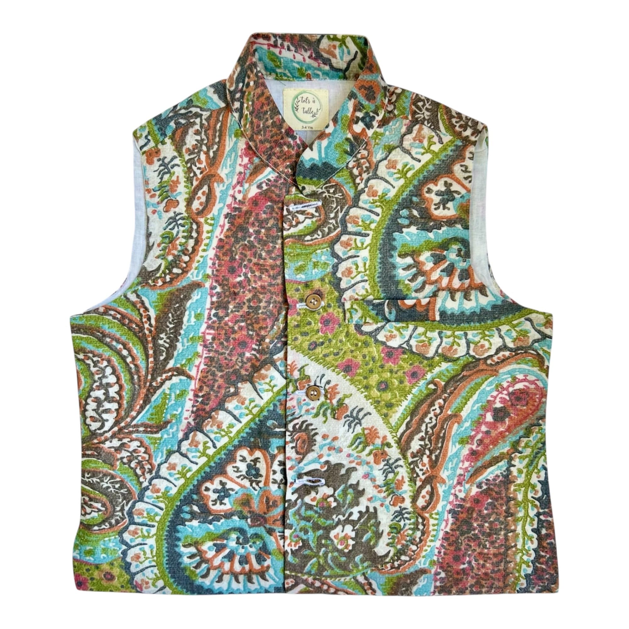 tot's n tulle Boys' Nehru Vest, Multicolour Paisley Print, Traditional Wedding and Colourful Paisley Print|Ethnic Sleeveless Vest for Special Occasions-picture-26