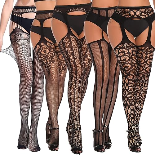 SOUTHRO 5 Pairs Fishnet Thigh High Garter Stockings Patterned Tights for Women,Garter Belt Set & Suspender Pantyhose for Girl