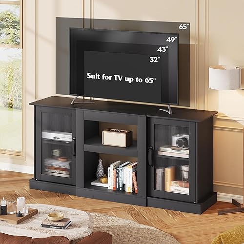 Miniatura 4 de WLIVE Soporte de TV estilo granja para TV de 65 pulgadas, centro de entretenimiento de 58" con gabinetes de almacenamiento, consola de TV con Negro