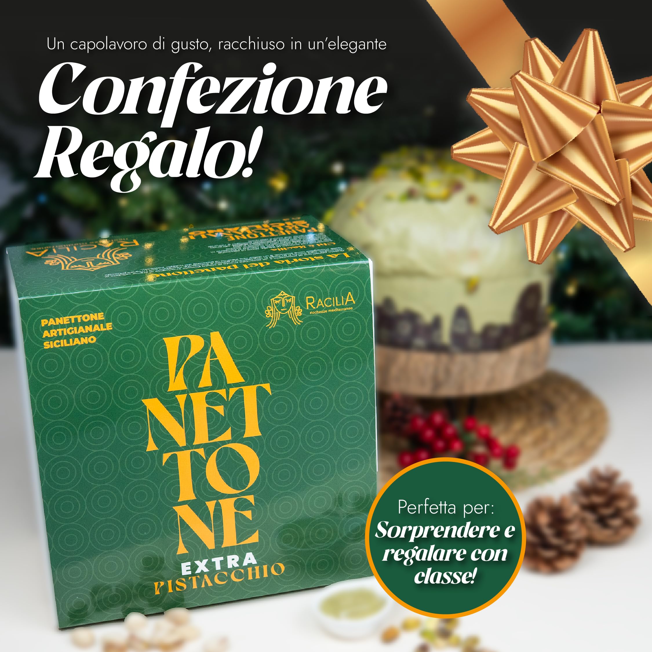 RACILIA Panettone Artisanal à la Pistache avec garniture EXTRA 500g | Avec crème de pistache et glaçage croquant | Levage lent 36h avec levure mère et ingrédients naturels | 1,5kg