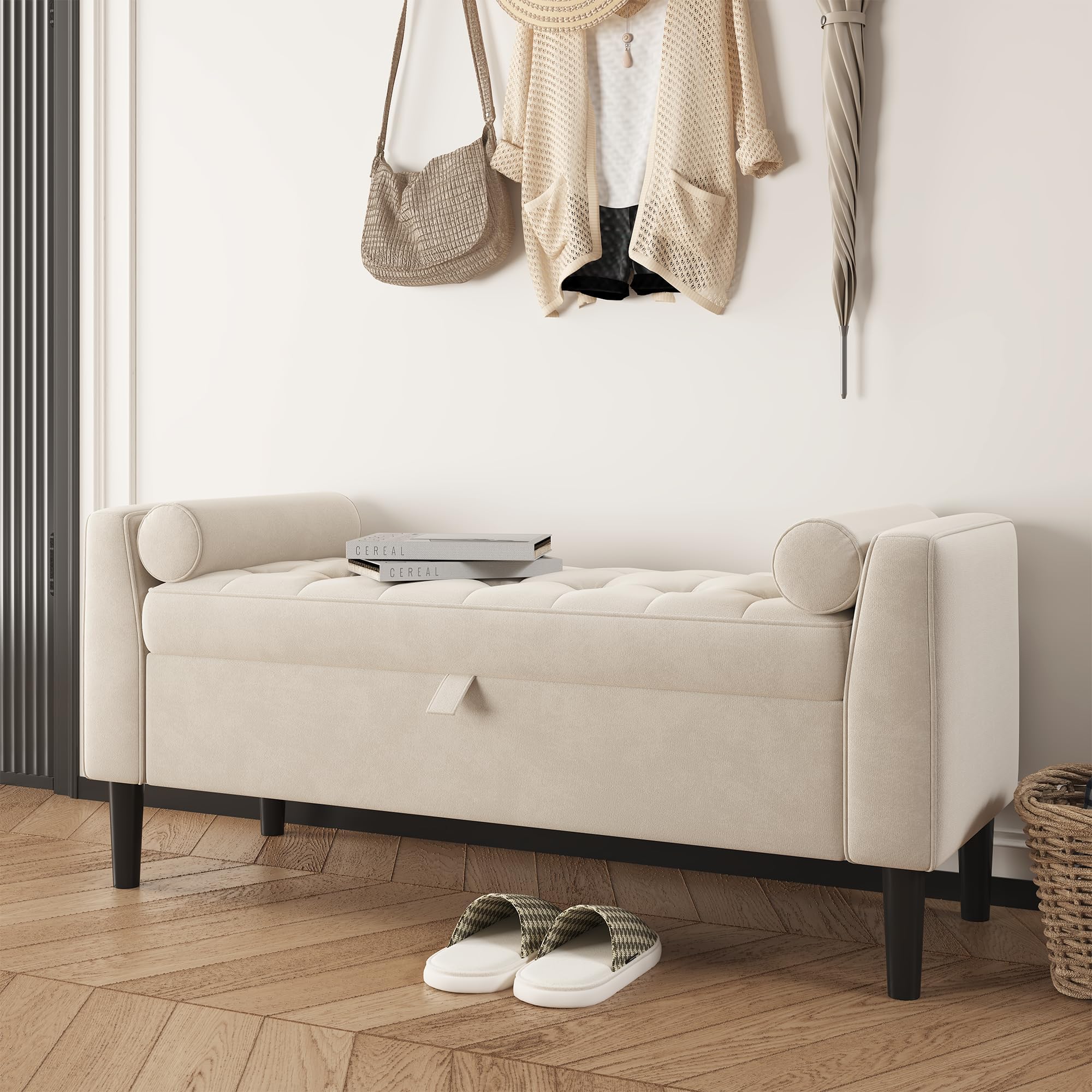 GarveeHome 118cm Storage Ottoman Footstool – Upholstered Shoe Bench with Rolled Arms & Solid Wood Legs, Space-Saving Bed End Stool for Hallway, Bedroom, Dressing Room & Living Room – White