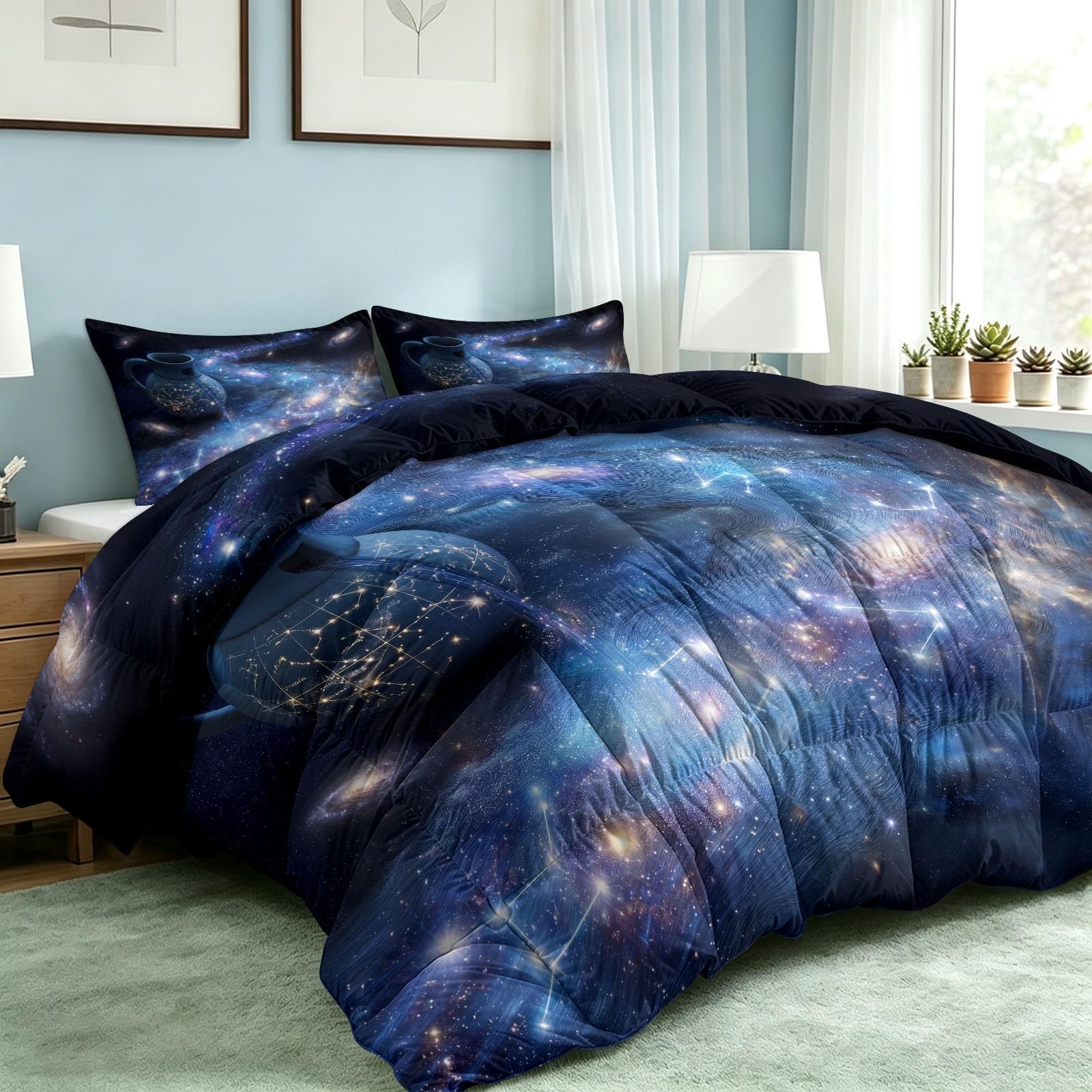 Ganzjahresdecke mit Sternenhimmel Wassermann Galaxie, 4 Jahreszeiten Waschbare Bettdecke Ohne Bezug, Kosmisch Fantasie Muster Wendbare Tagesdecke, beidseitig verwendbar, 135x200cm