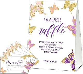 Butterfly Diaper Raffle Tickets For Baby Shower, Diaper Raffle Baby Shower Games, Butterfly Baby Shower Decorations, Diaper Raffle Cards - 1 Sign With 50 Tickets Cards - B05