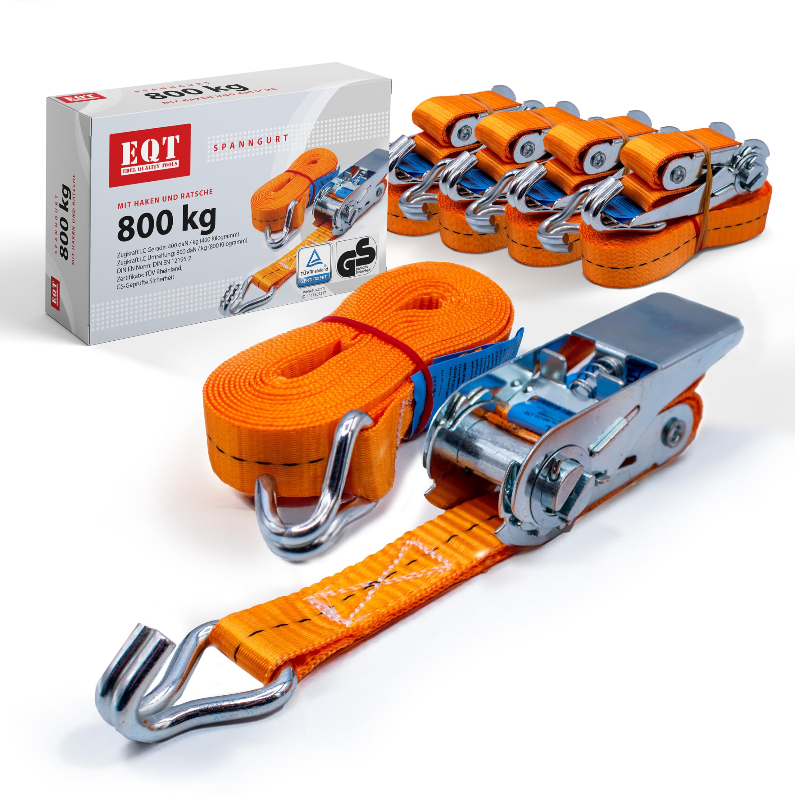 EQT 4 Stück 800kg 6m Spanngurte mit Ratsche und Haken zweiteilig DIN EN 12195-2 TÜV GS