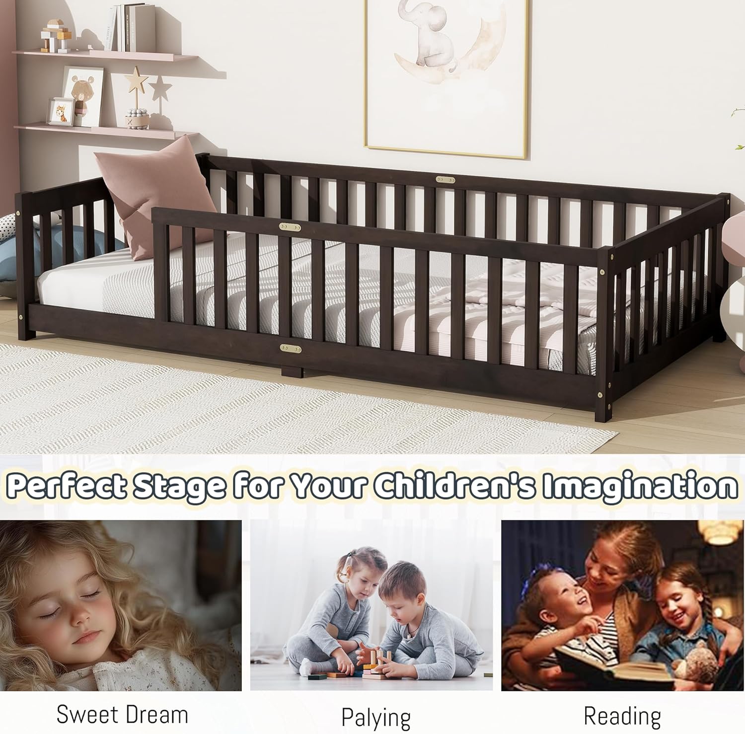 Twin Floor Bed with Safety Guardrails for Kids, Rubber Wood Montessori Bed with Slats, Twin Size Bed Frame for Girls and Boys,No Box Spring Needed,Espresso