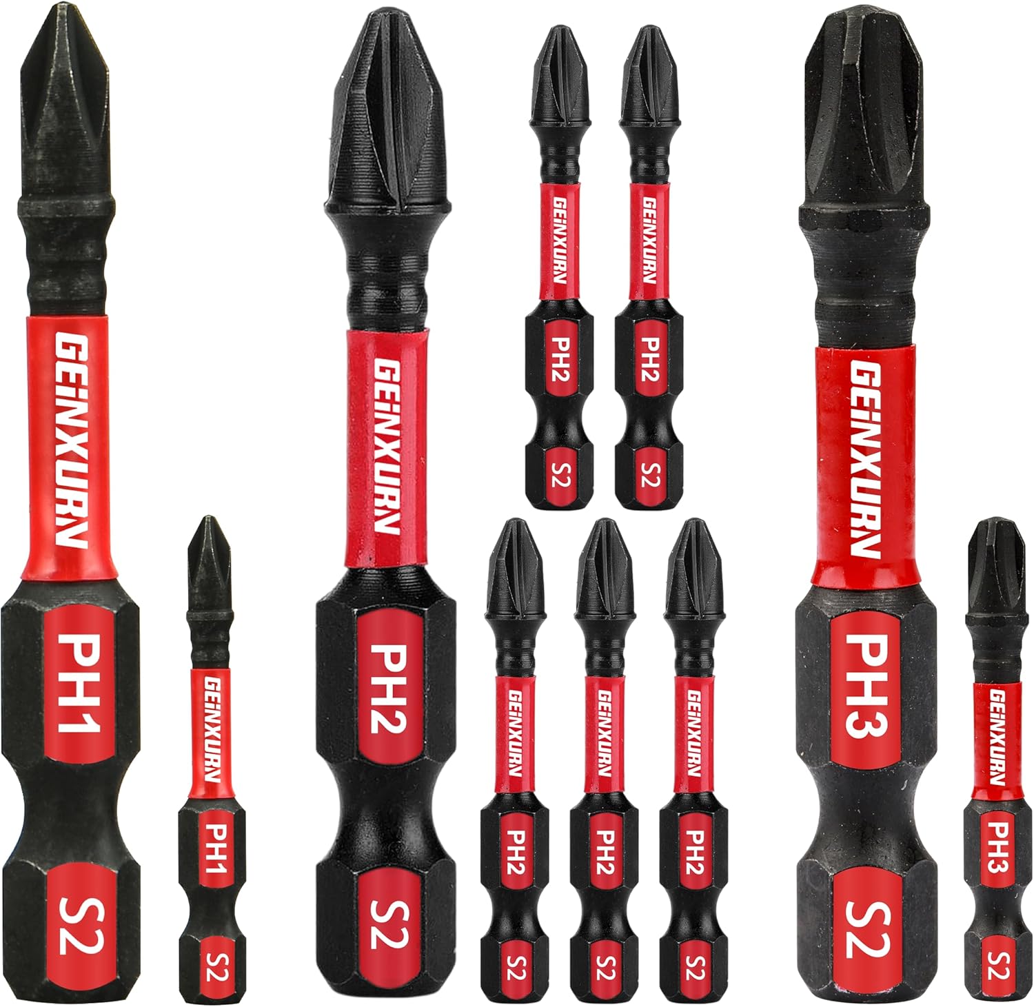 Geinxurn Anti-slip Hex Impact Tough Magnetic Screwdriver Bits Set 2 in. PH1/PH2/PH3 Insert Driver Bits,10Pack 1/4 Inch Hex Shank Phillips Cross Screwdriver Bits Set