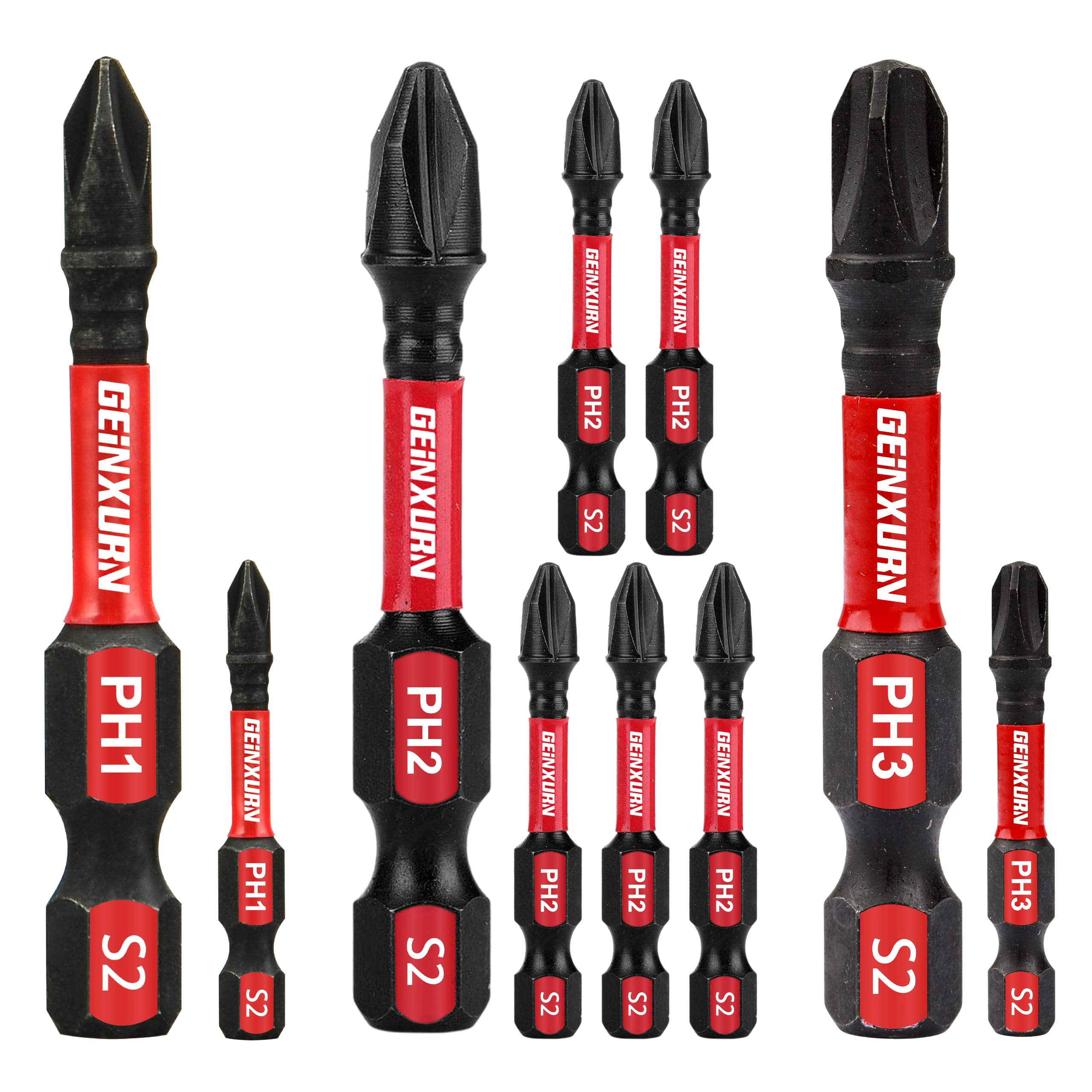 Geinxurn Anti-slip Hex Impact Tough Magnetic Screwdriver Bits Set 2 in. PH1/PH2/PH3 Insert Driver Bits,10Pack 1/4 Inch Hex Shank Phillips Cross