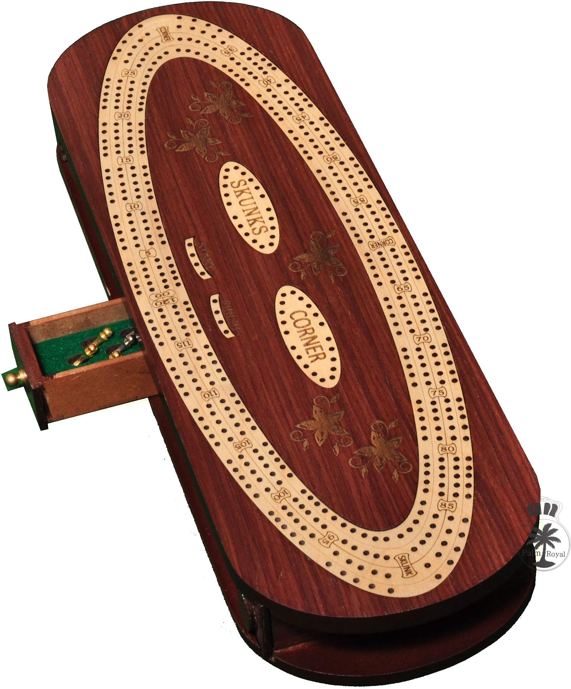 Palm Royal Handicrafts - 4 Track Continuous Cribbage Board . Inlaid in Maple / Rose Wood and Side Slider - 4 Tracks Continuous Cribbage - Oval Cribbage