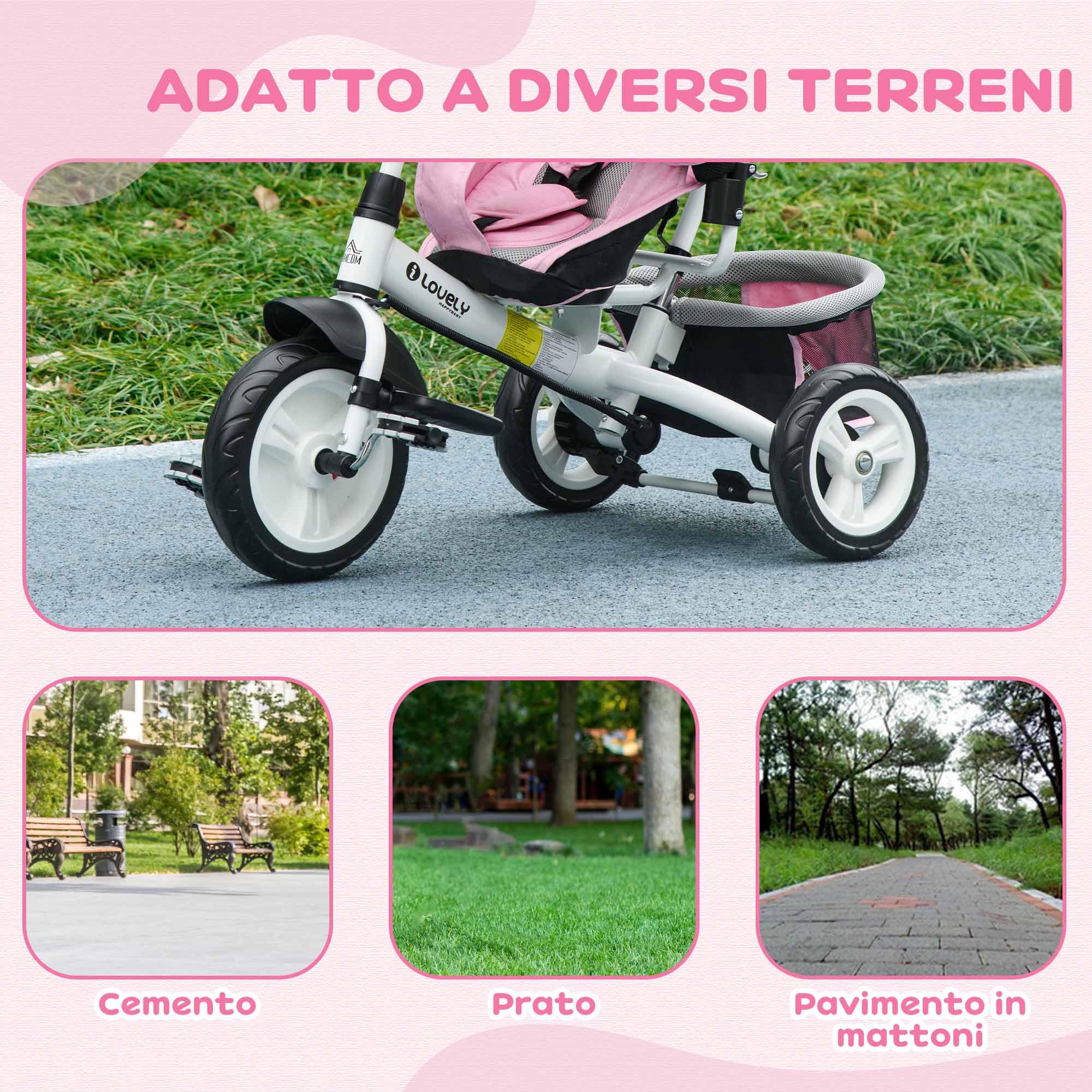 HOMCOM 6 in 1 Triciclo per Bambini 1-5 Anni 102x49x102 cm Bianco e Rosa | Evolutivo, Maniglione, Tettuccio Regolabile, Cintura e Cestino, Passeggino Triciclo, Metallo e Poliestere
