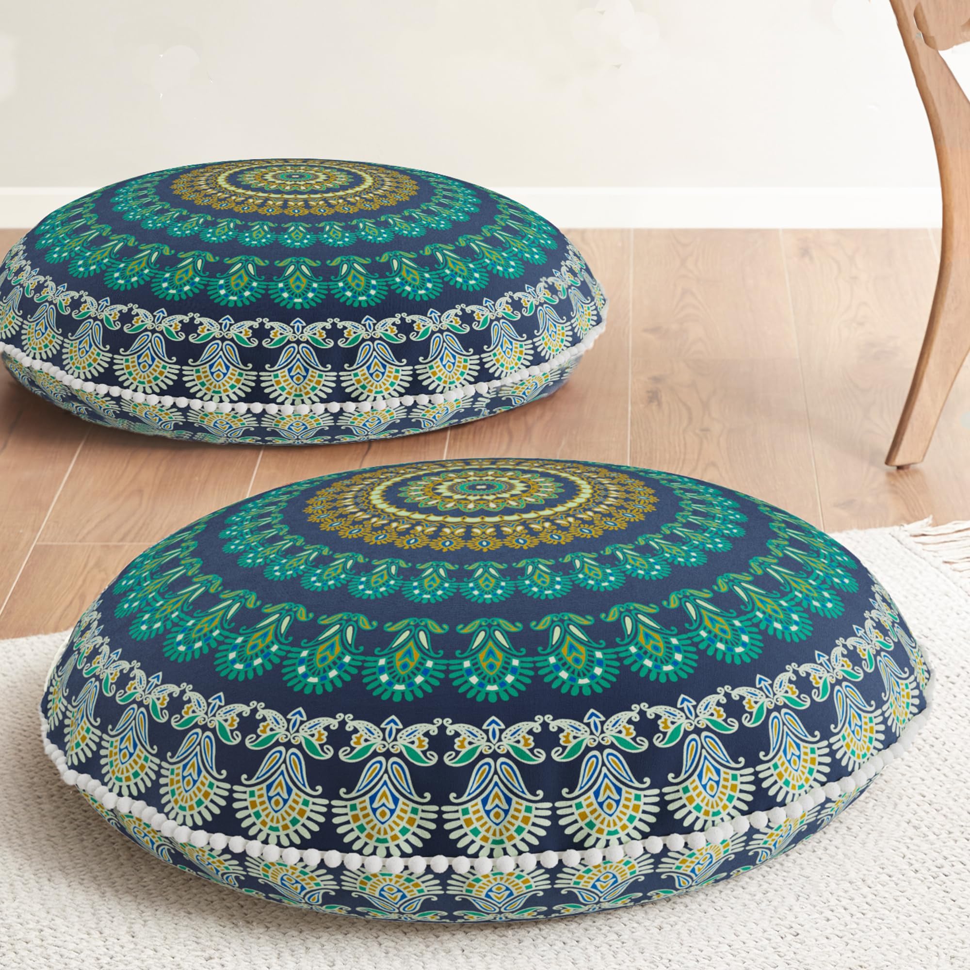 CodiMeditation Floor Pillow Set of 2, Round Large Pillows Seating for Adults, Bohemian Mandala Circle Cushions for Outdoor Fireplace Yoga Living Room, 32 Inch, Memory Foam Added, Green