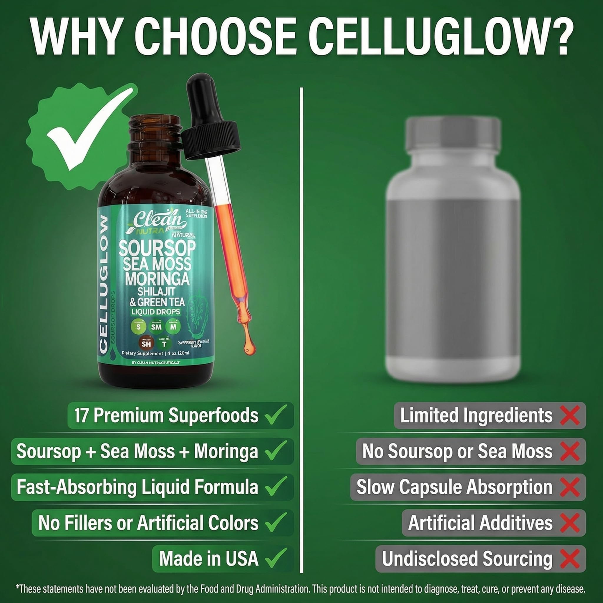 CelluGlow Soursop Bitters Liquid Drops Green Tea Extract Sea Moss Moringa Shilajit Vitamin C D3 Garlic Turmeric Ginger Reishi Mushroom Grape Seed Lycopene Immune Support Supplement by Clean Nutra 4oz — Amazon image 7