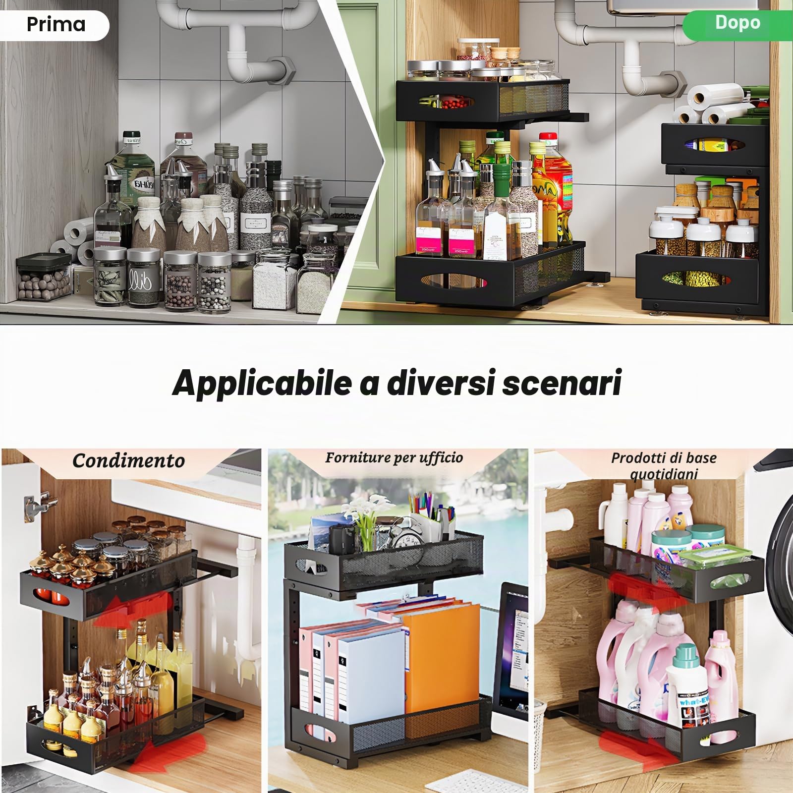 Organizer Sottolavello Cucina, Portaoggetti Organizzatore Ripiano Salvaspazio in Metallo a 2 Livelli，Utilizzato Universalmente in Cucine e Bagno, Regolabile in Altezza - Nero (1 Pezzo)