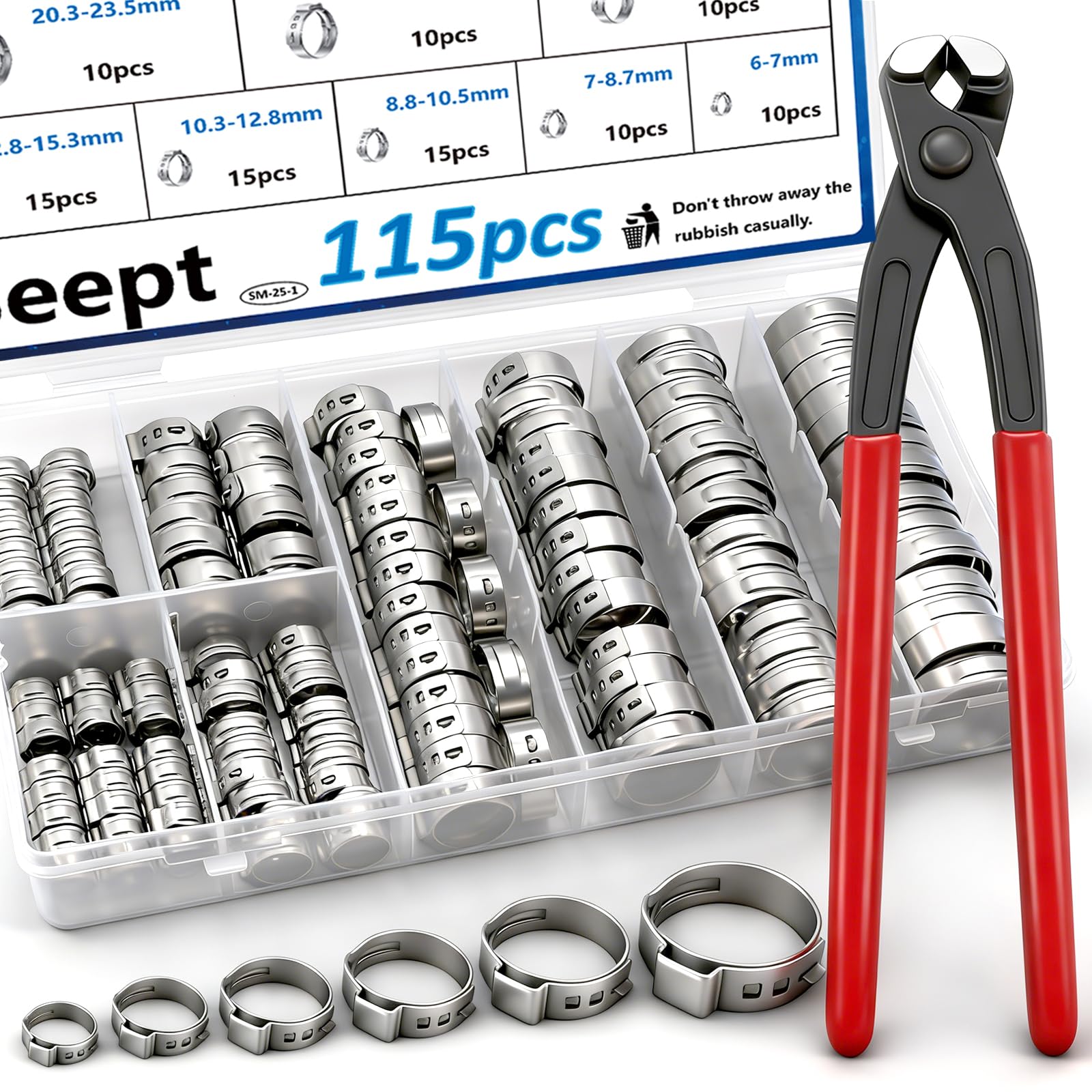 Seept 115Pcs 10-Sizes 304 Stainless Steel Single Ear Hose Clamps with Ear clamp plier 6-28.6mm Crimp Hose Clamps Assortment Kit for Auto/Home