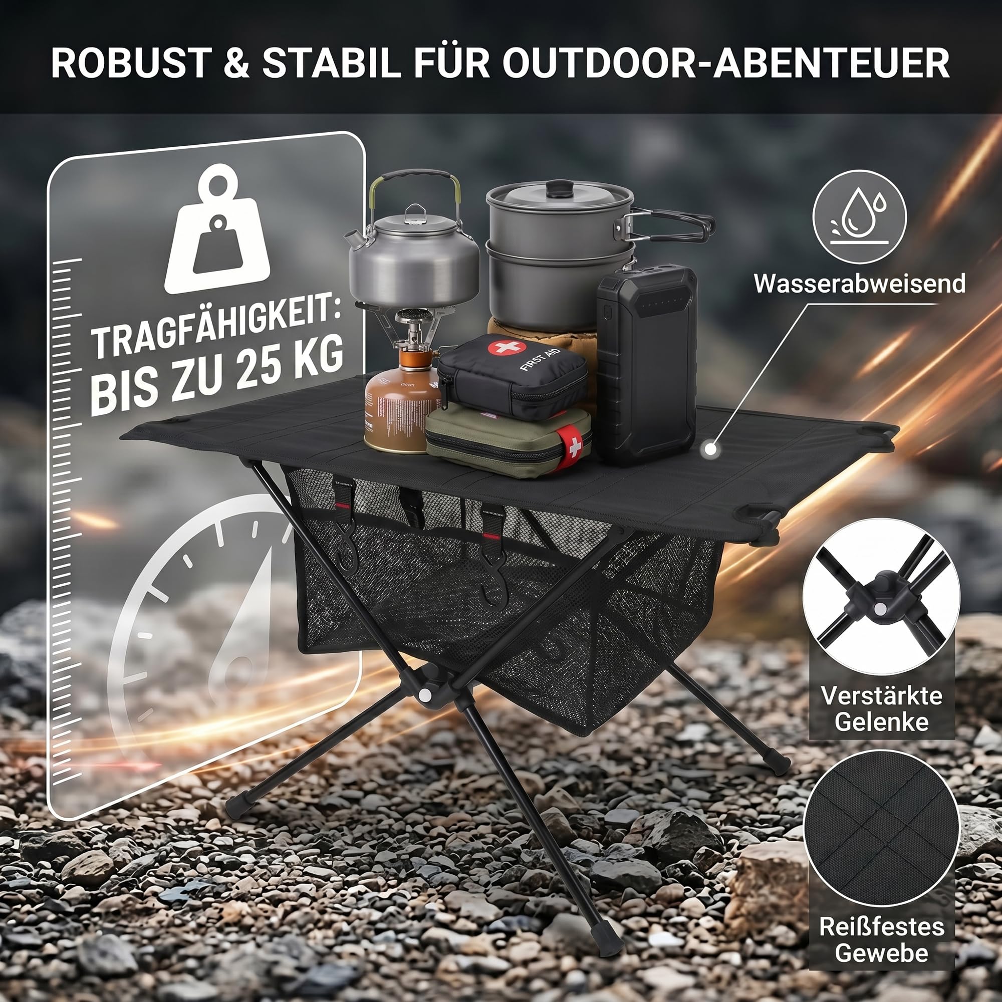Campingtisch Klappbar Aluminium, Schwarz, 60x39x37cm | Ultraleicht, Taktisch, Aufbewahrungsnetz & 4 Haken, Tragbar, Für Camping, Picknick, Angeln, Grillen