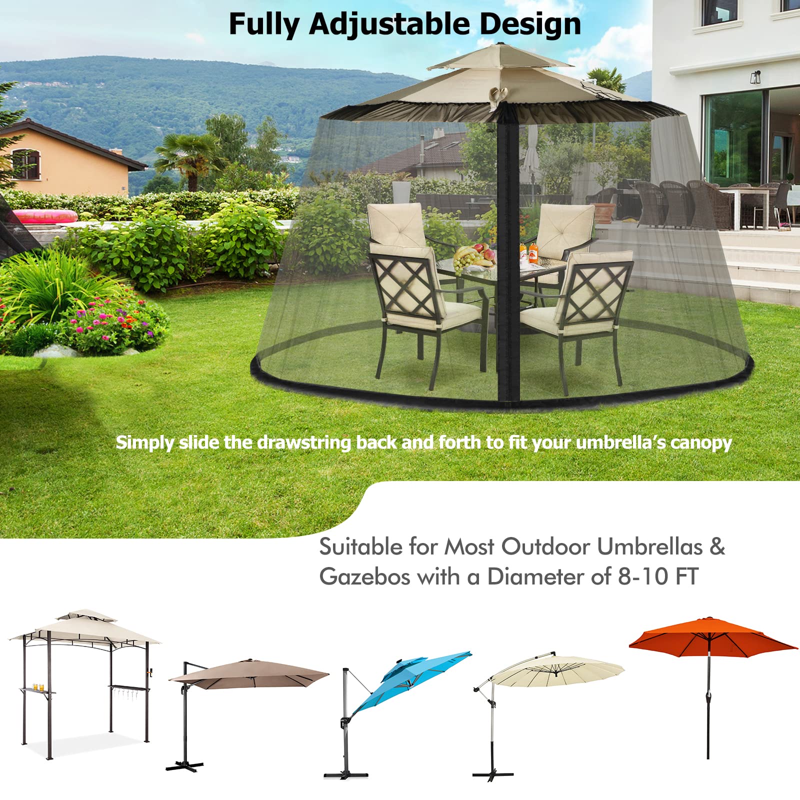 LIFEZEAL Zanzariera Ombrellone da Giardino, Zanzariera Gazebo da Patio, Regolabile, Schermo Rete per Esterno Anti Zanzara, Mosche, AntiVento, 2 Aperture a Cerniera, Stabile Base,12,5x2,3m, Nero