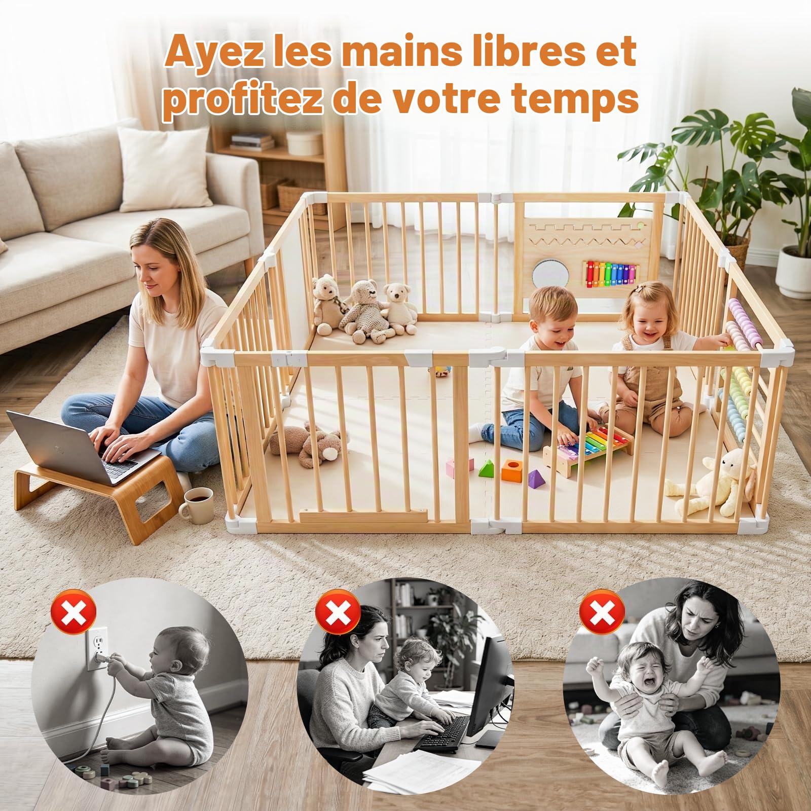 Parc Bébé Modulable en Bois 160 x 160 cm avec Porte | Parc pliable et réglable en taille et forme, aire de jeu stable pour la maison, idéale pour bébés et jeunes enfants