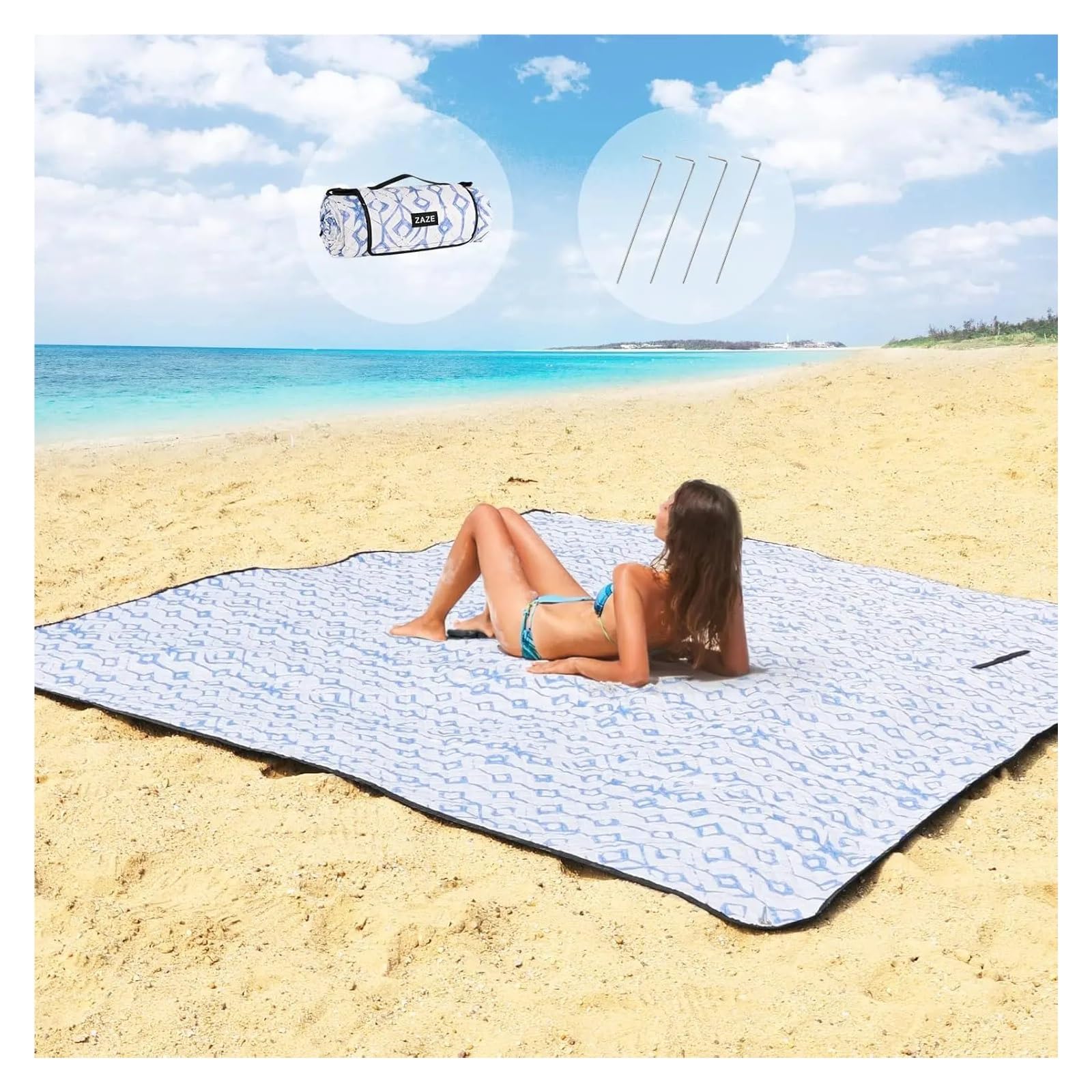 Telo Picnic Coperta Da Spiaggia, Picnic, Impermeabile, Anti-sabbia, Con Picchetti, Extra Large, Lavabile In Lavatrice, Pieghevole, Accessori(Blue 2)