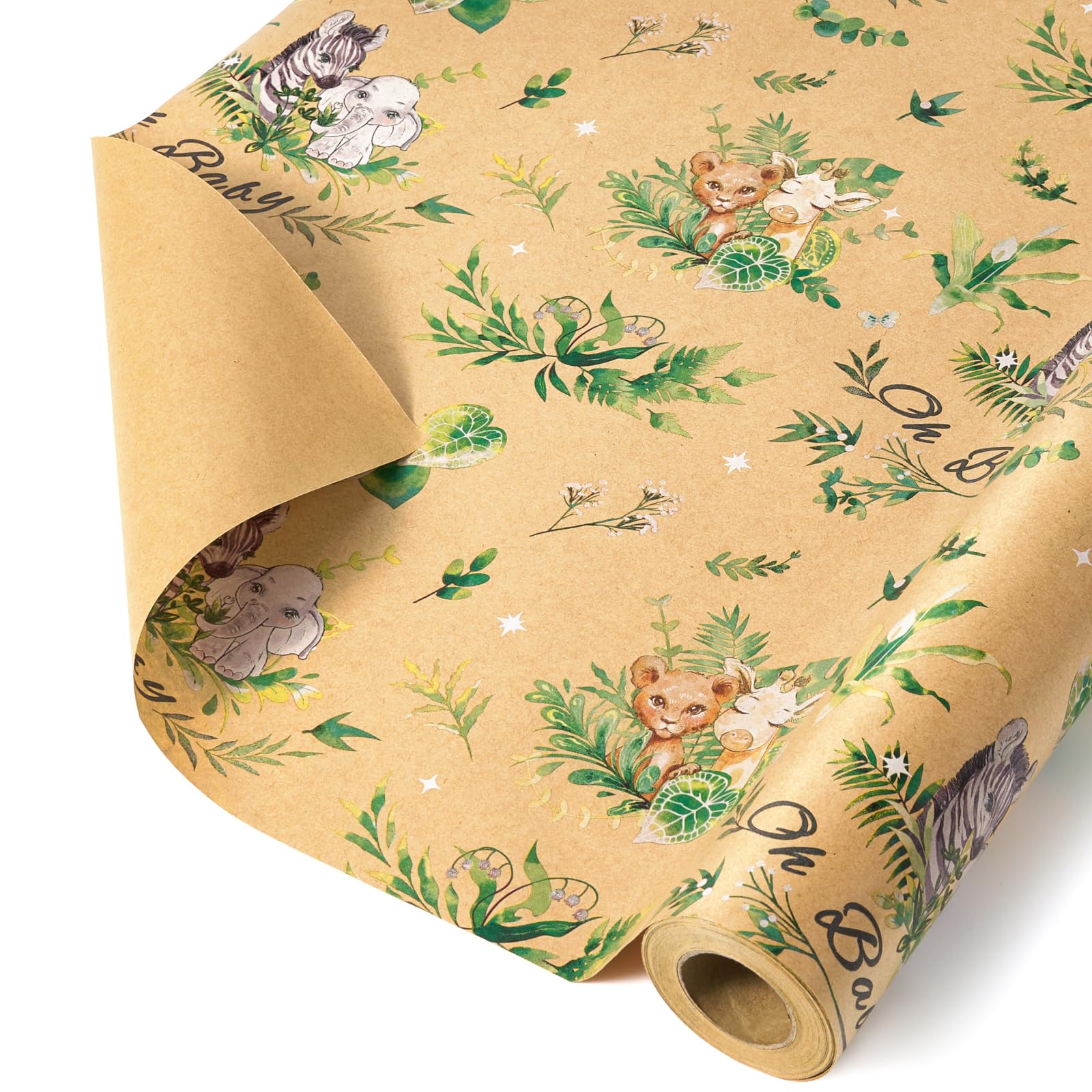 WERNNSAI Woodland Animal Kraft Wrapping Paper Roll - 1 Roll 17” x 33 ft Baby Shower Brown Wrapping Paper for Boy Kids Birthday Gift Packing Supply Baby Animals Design Festival Party Favors