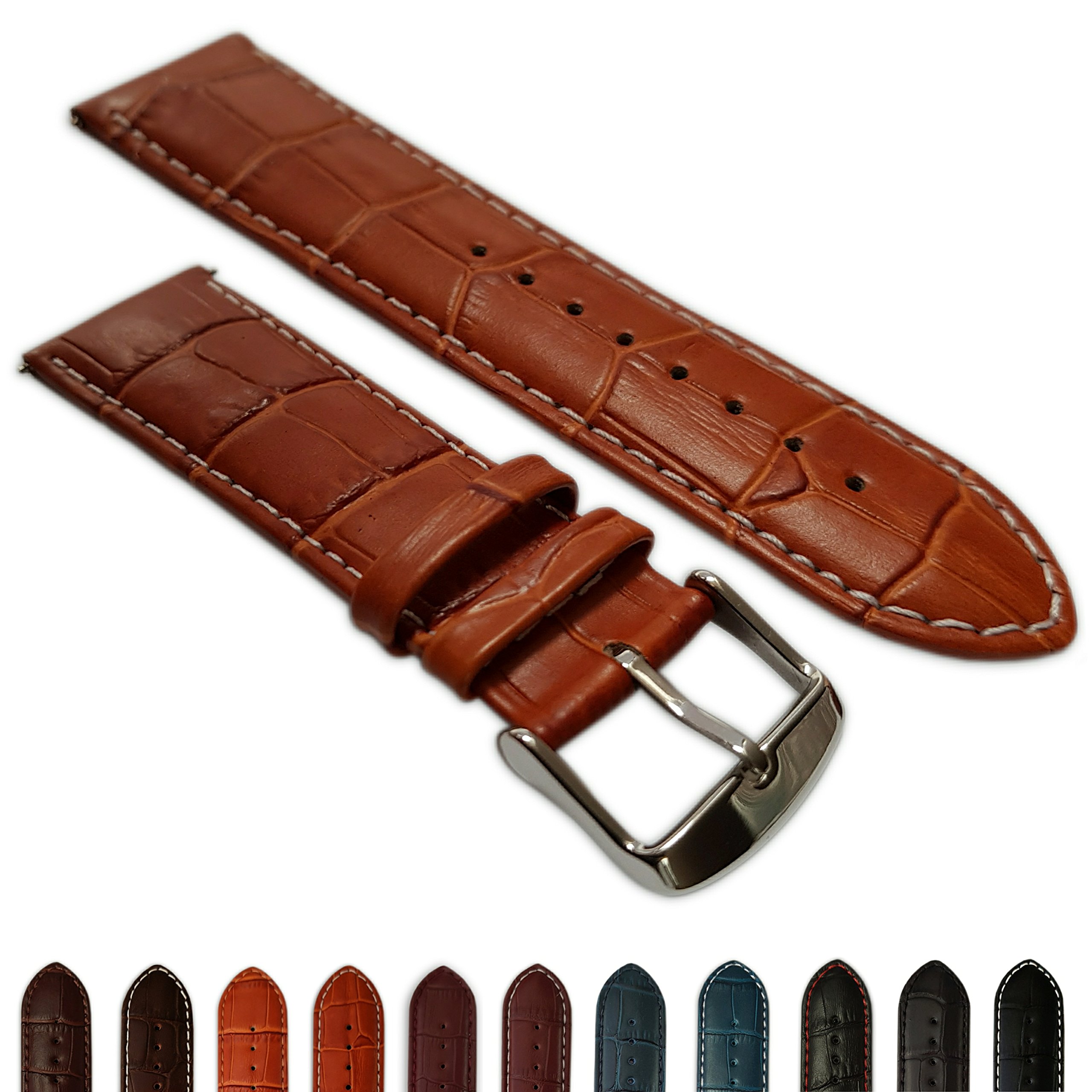 28mm Genuine Leather Mock Croc Watch Strap Band Mens Padded Stainless Steel Buckle Tan/White