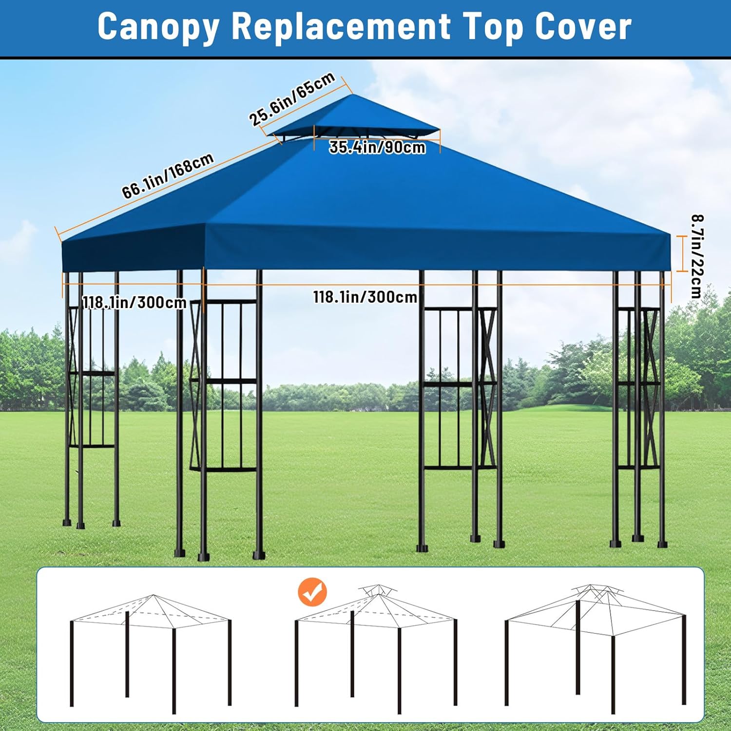 10x10 Canopy Replacement top Double Tiered Polyester Replacement Canopy for Gazebo Pergolas Tent Patio Roof Top Cover(Frame Not Include) (Blue)